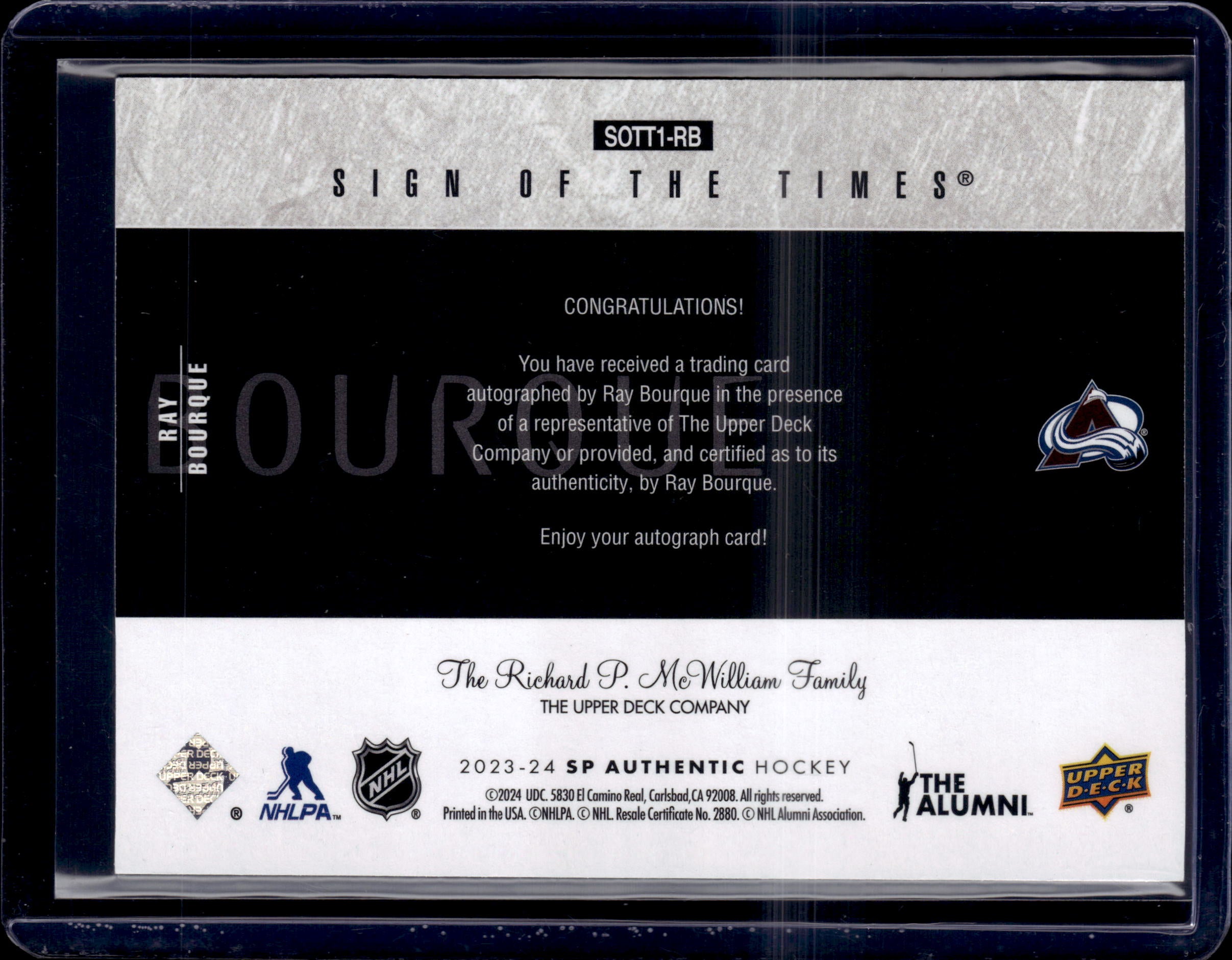 2023-24 Sp Authentic - 2003-04 Retro Sign of the Times Ray Bourque #SOTT1-RB