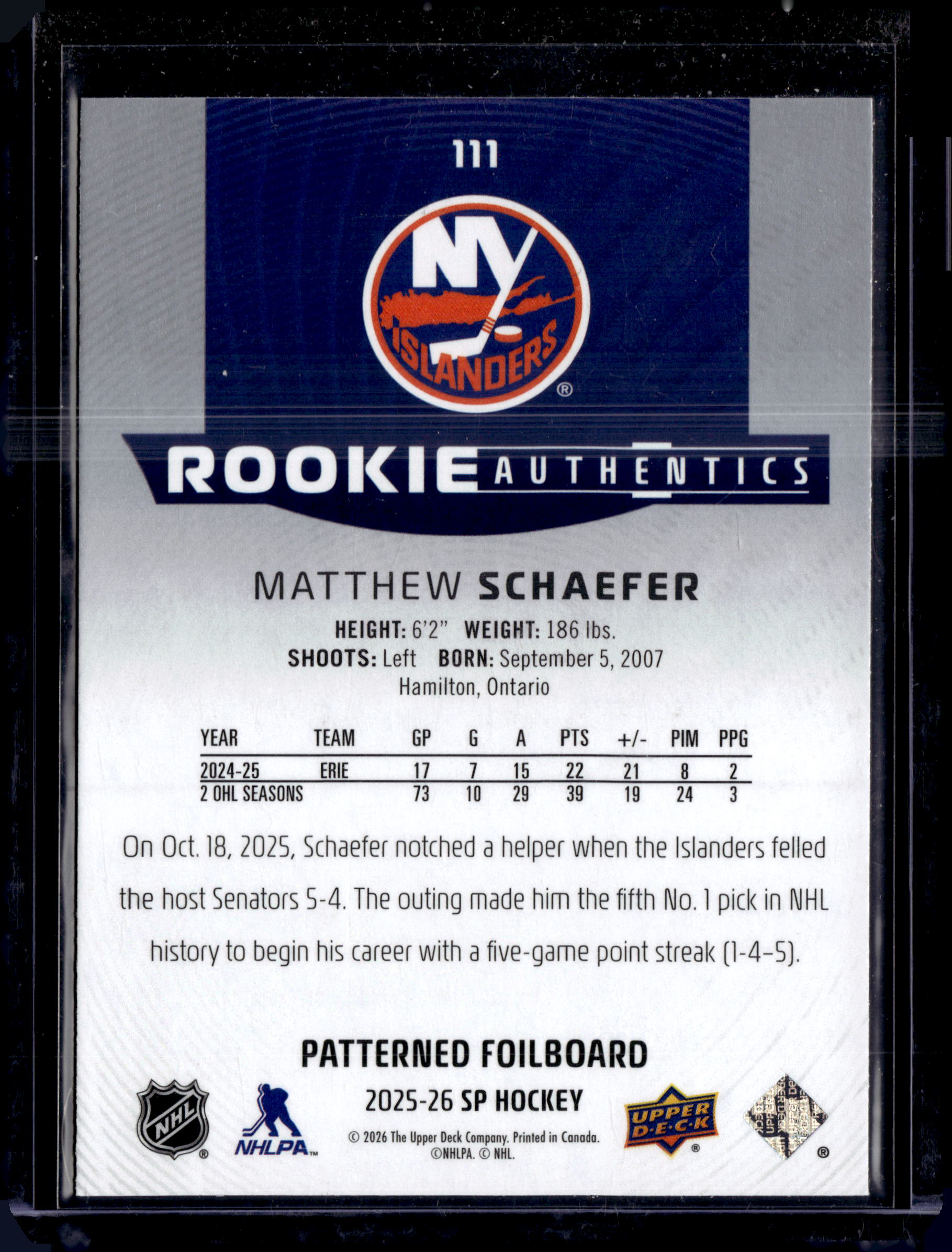 2025-26 SP Hockey Rookie Authentics Matthew Schaefer Patterned Foilboard