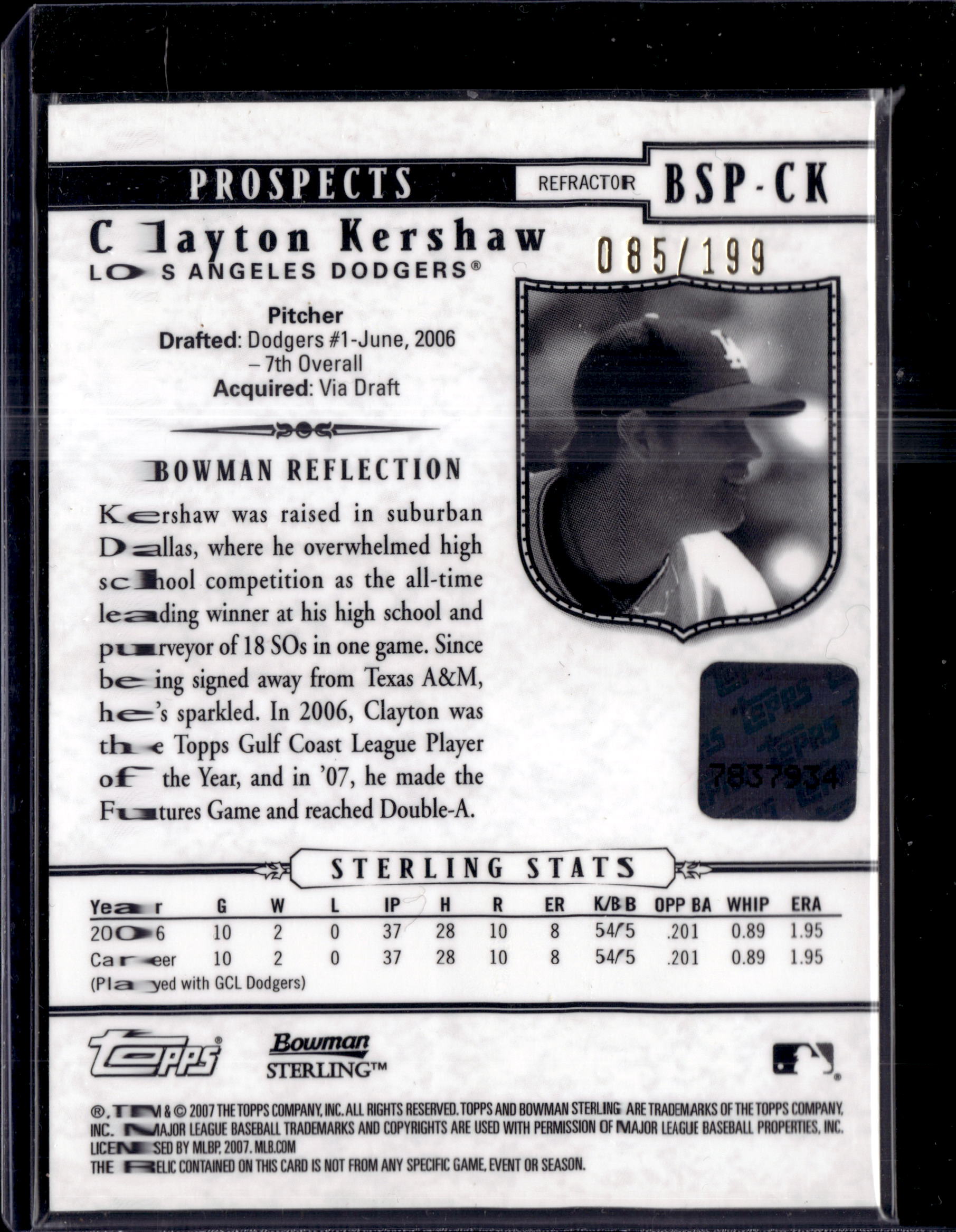 2007 Bowman Sterling Clayton Kershaw Prospect Refractor Jersey Auto /199