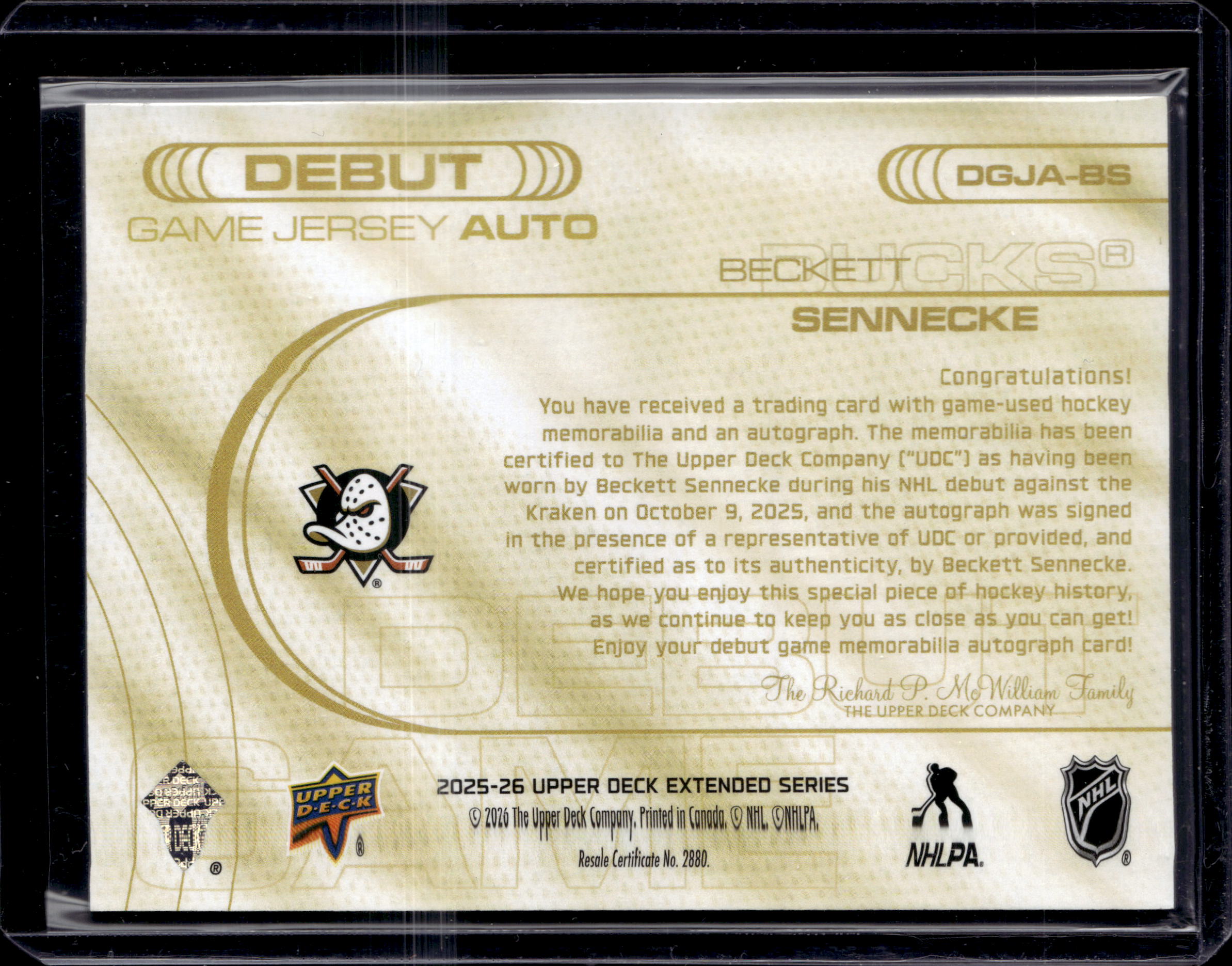 2025-26 Upper Deck Extended Series Beckett Sennecke Debut Game Jersey Auto