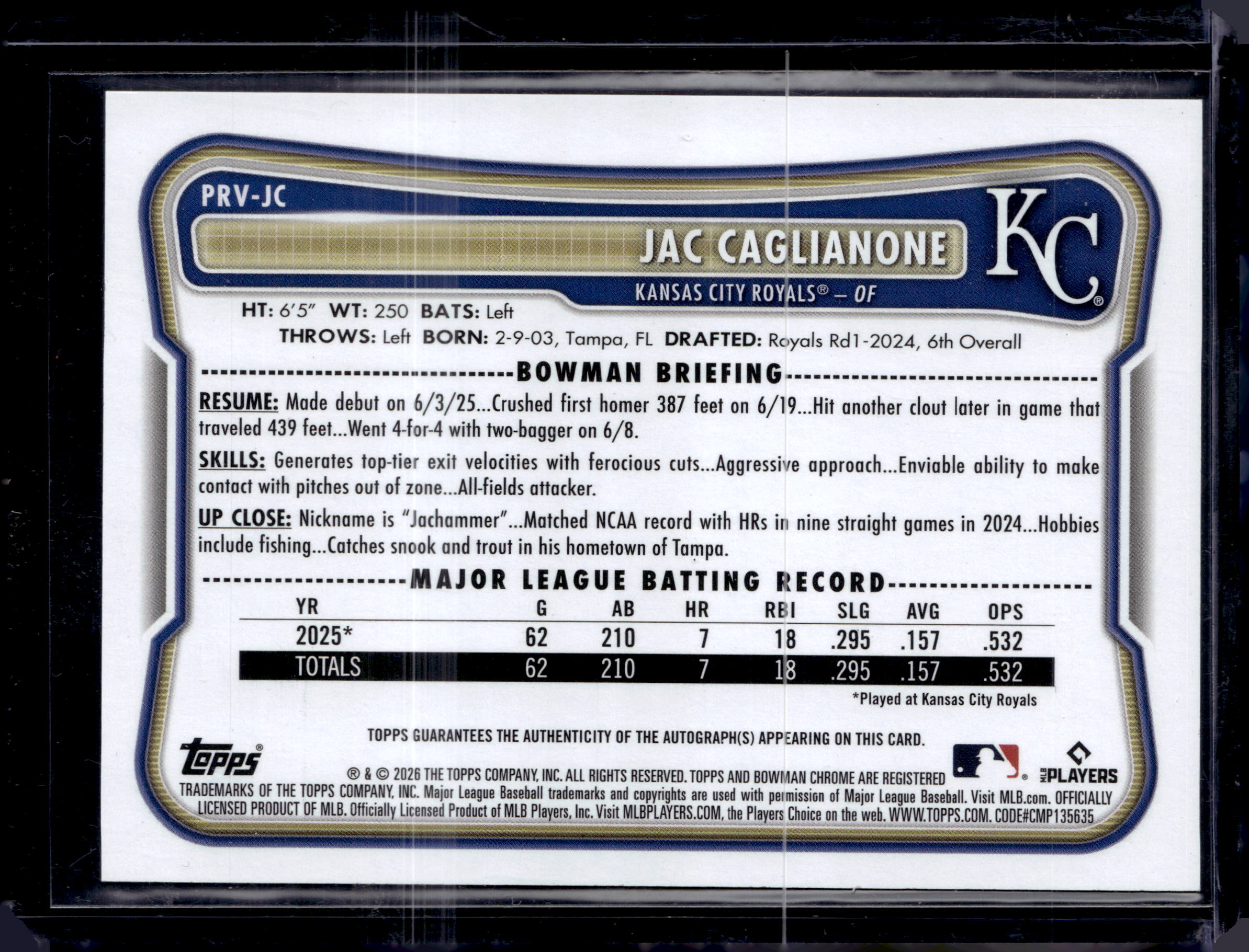 2025 Topps Bowman Chrome True Gold Rookie Auto /50 Jac Caglianone
