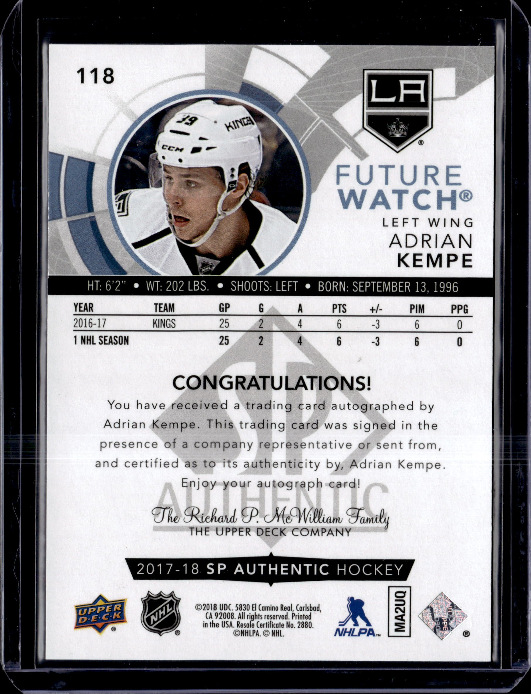 2017-18 SP Authentic Future Watch Auto Adrian Kempe