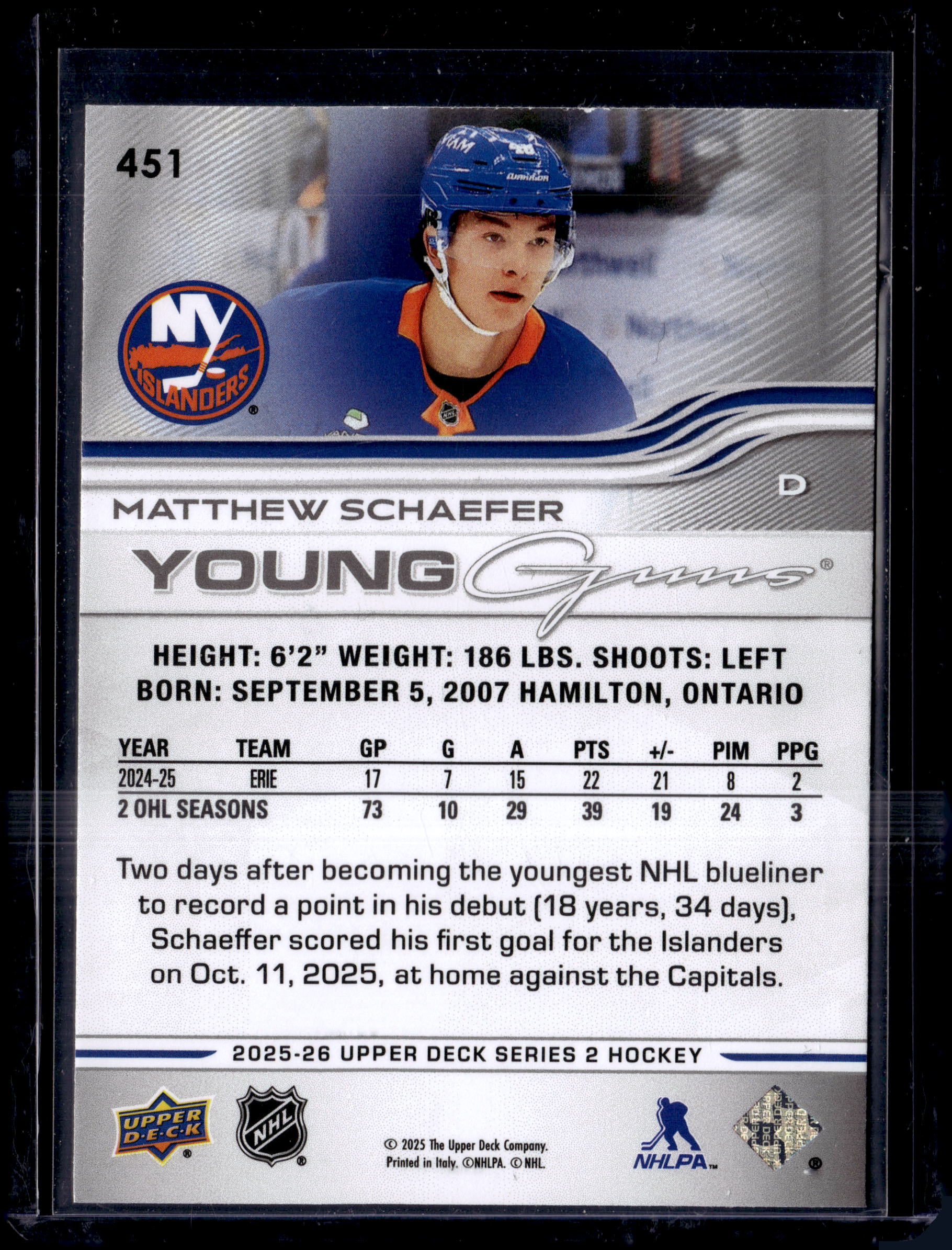 2025-26 Upper Deck Series 2 Matthew Schaefer #451 Young Guns (C)