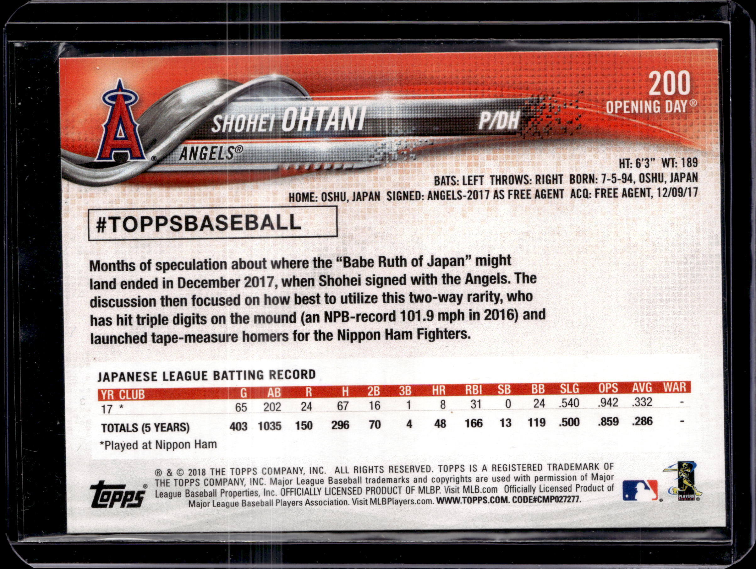 2018 Topps Opening Day Shohei Ohtani Rookie (C)