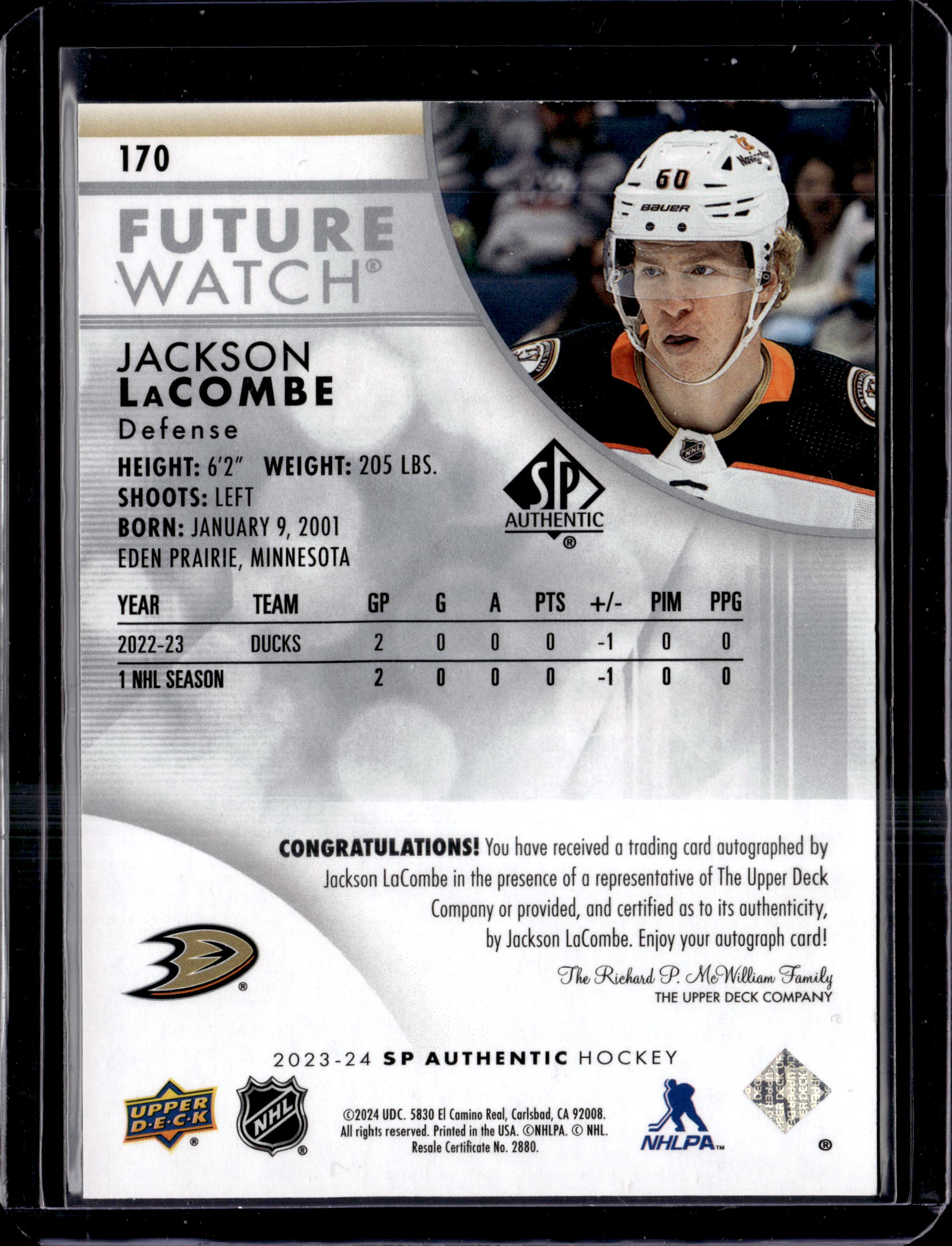 2023-24 Upper Deck SP Authentic Future Watch Auto /999 Jackson LaCombe