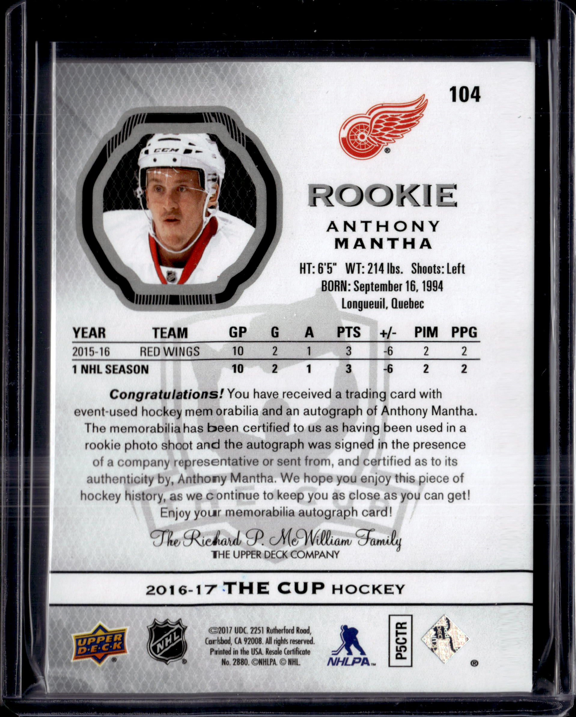 2016-17 The Cup Rookie Auto Patch /249 Anthony Mantha