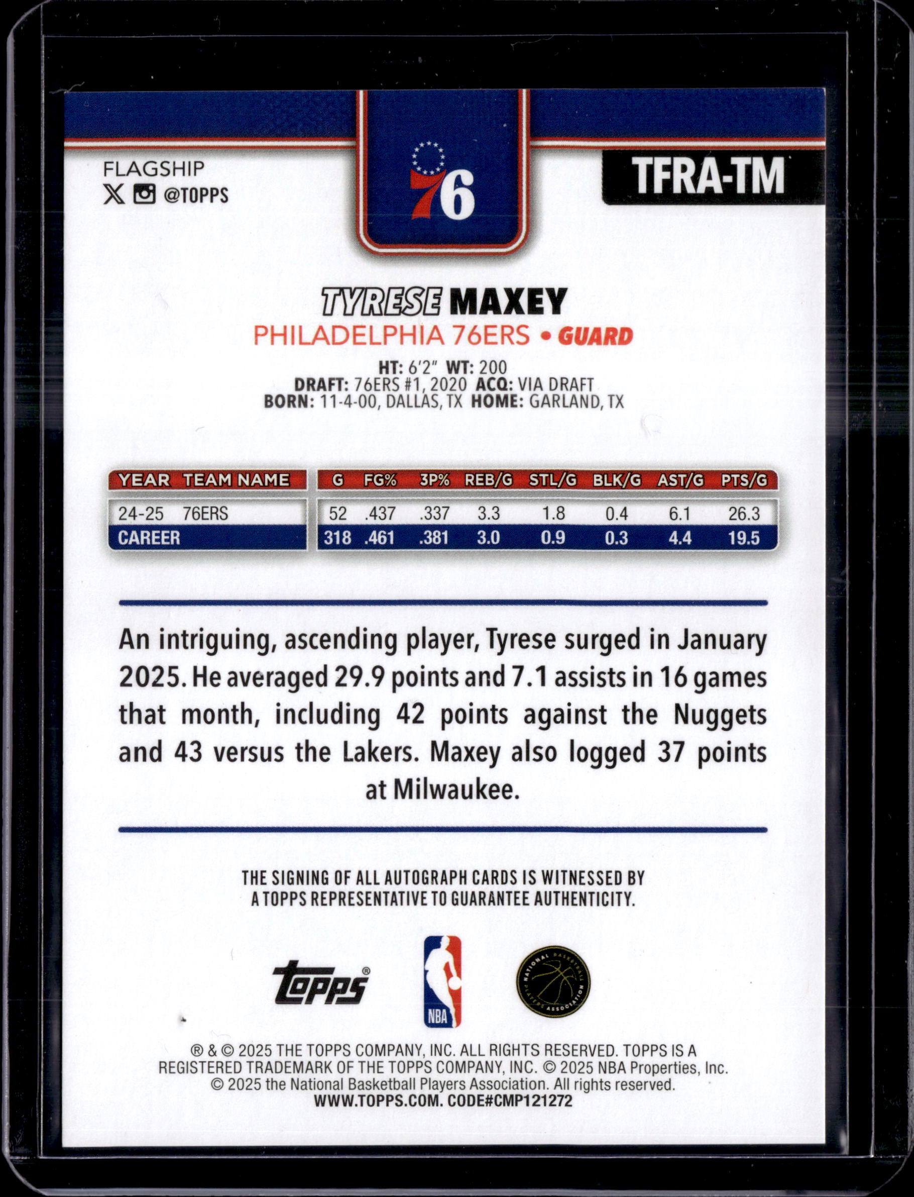 2025 Topps Flagship Tyrese Maxey Auto #TFRA-TM