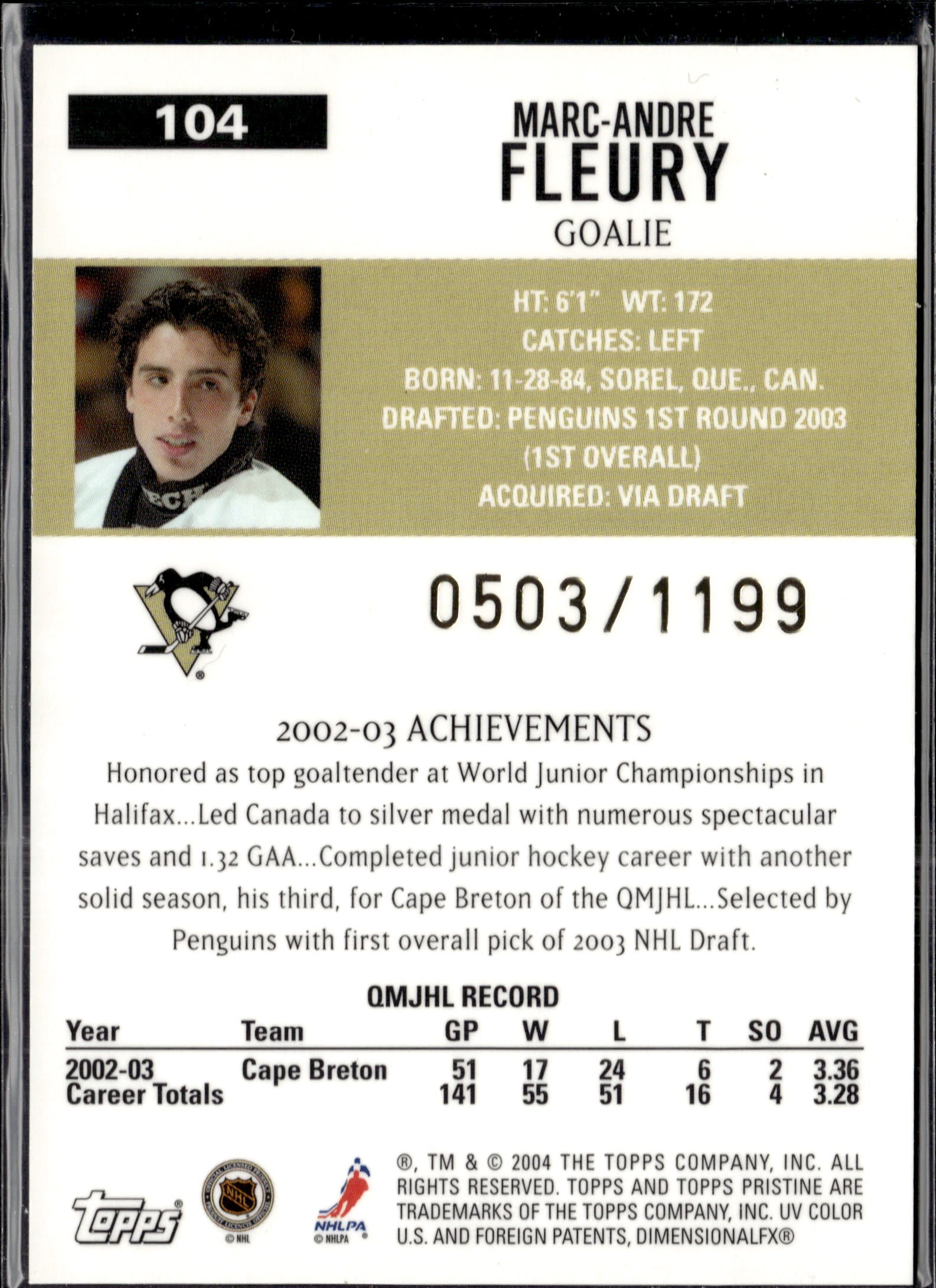 2004 Topps Marc-Andre Fleury /1199 #104