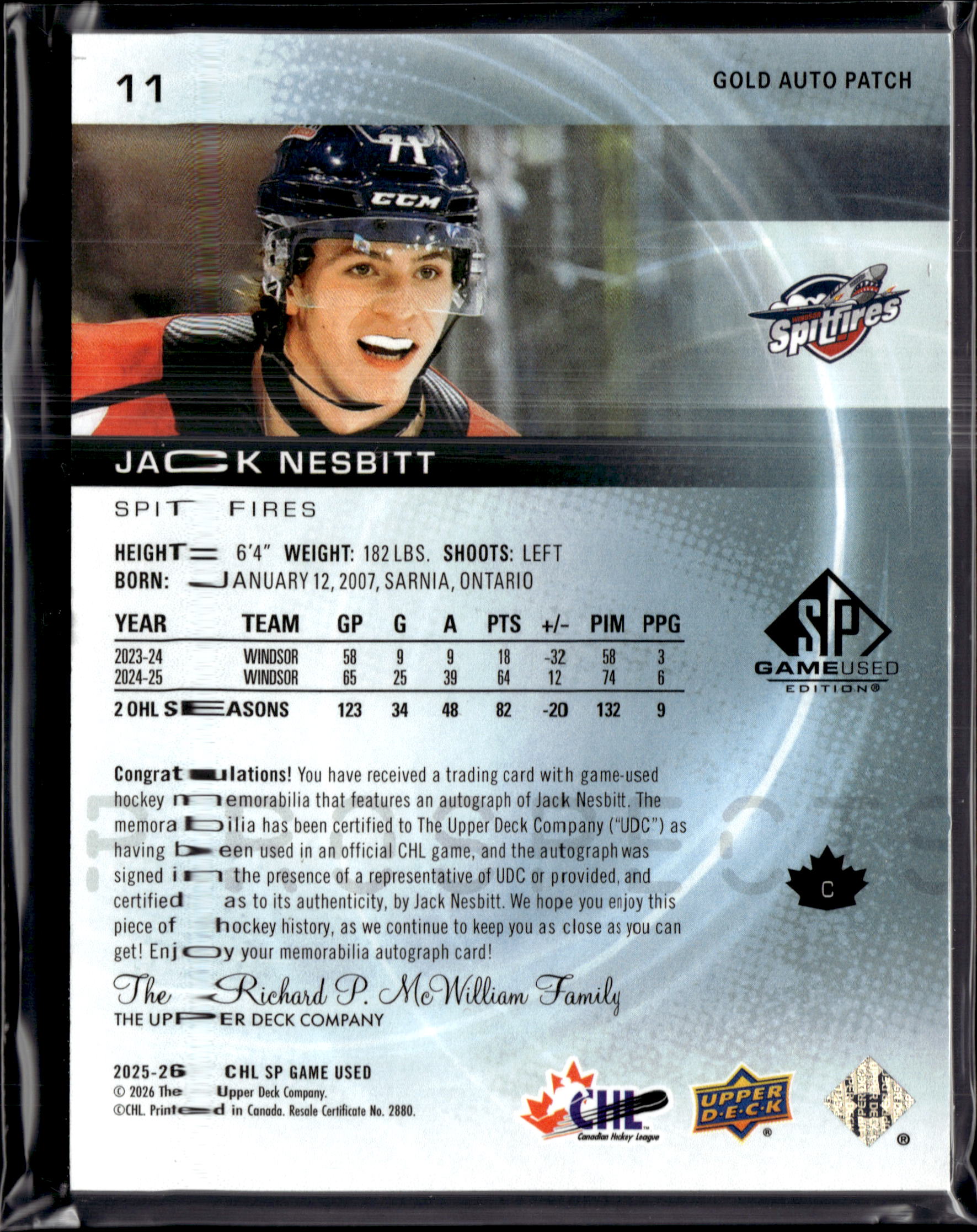 2025-26 CHL SP Game Used Jack Nesbitt Authentic Prospect Patch Auto /49