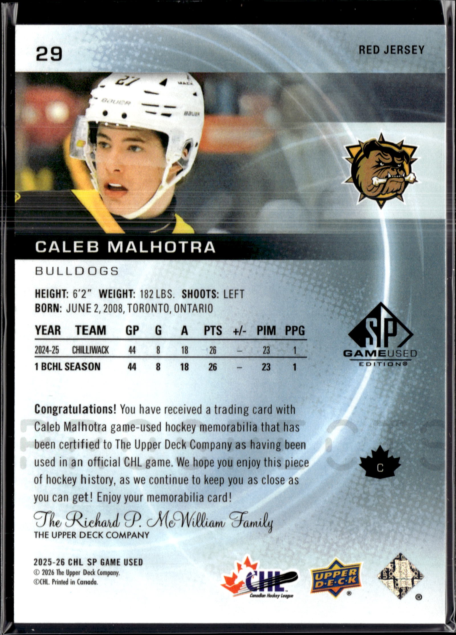2025-26 CHL SP Game Used Caleb Malhotra Authentic Prospect Jersey