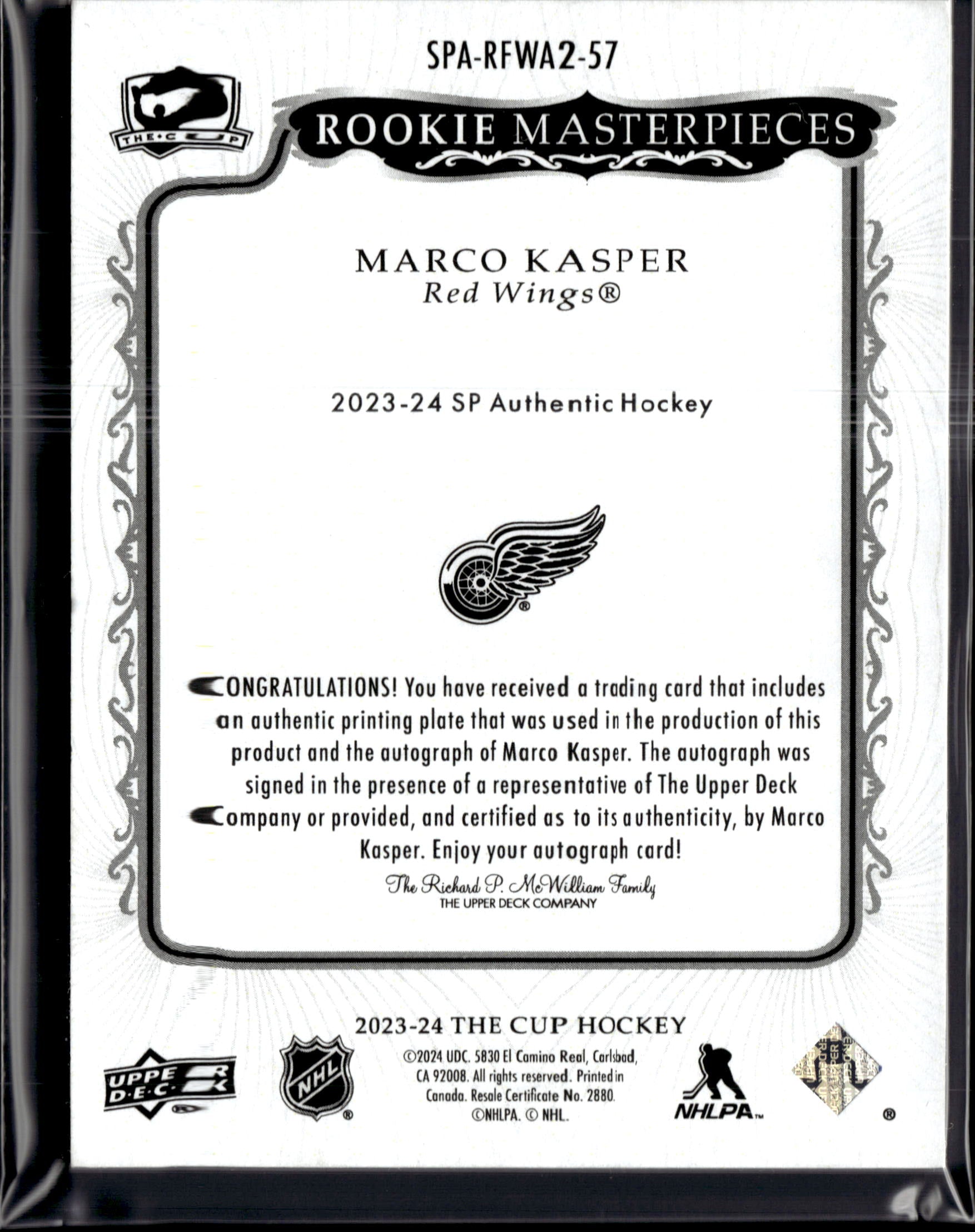2023-24 The Cup Rookie Masterpieces 1/1 Printing Plate Marco Kasper