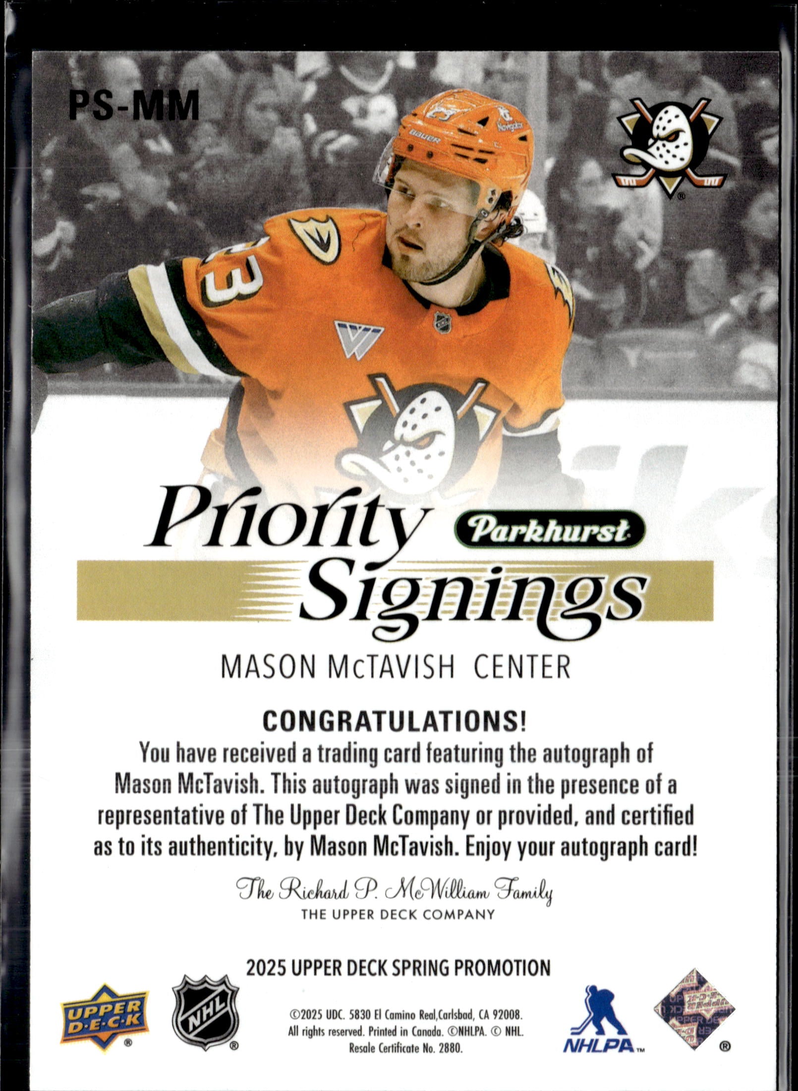 2024-25 Parkhurst Mason McTavish Priority Signings Auto /10