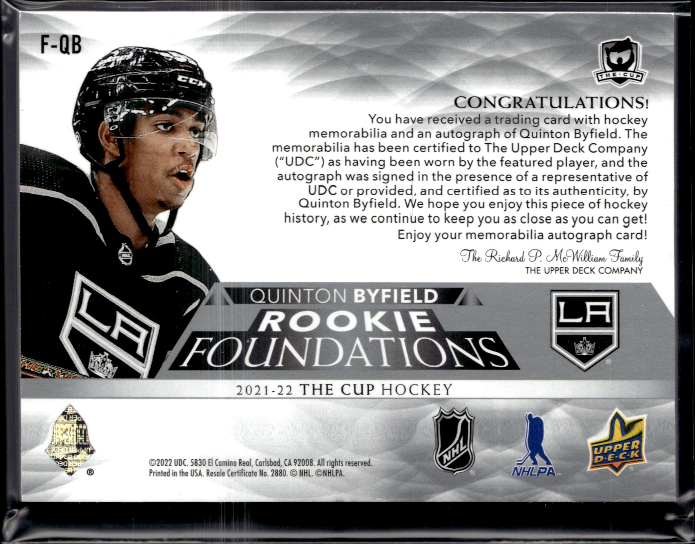 2021-22 UD The Cup Quinton Byfield Patch Auto /15