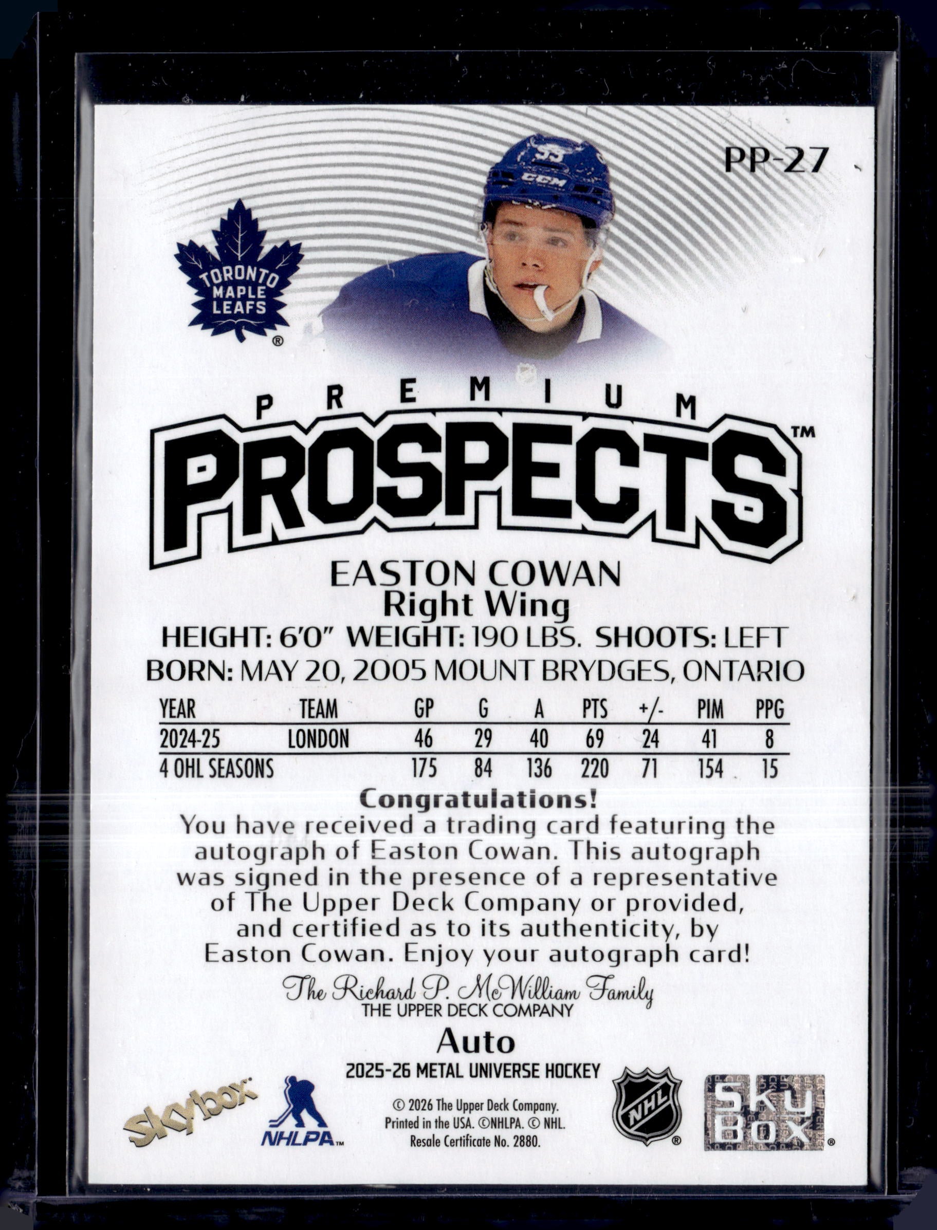 2025-26 Metal Universe Skybox Prospects Auto Easton Cowan #PP-27