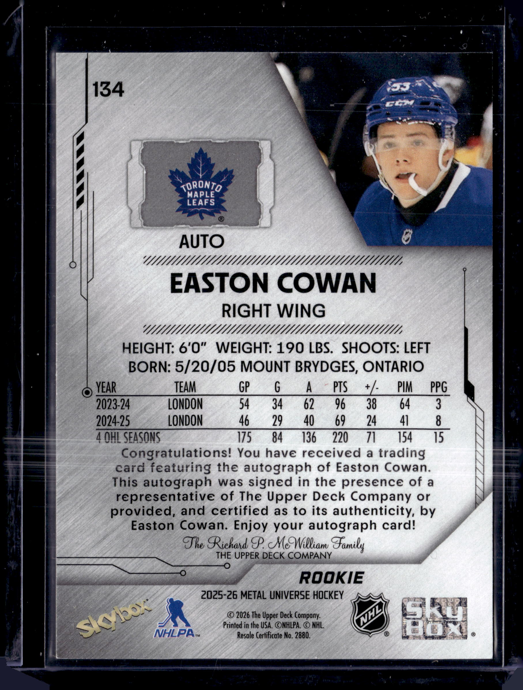 2025-26 Metal Universe Rookie Autograph Easton Cowan #134
