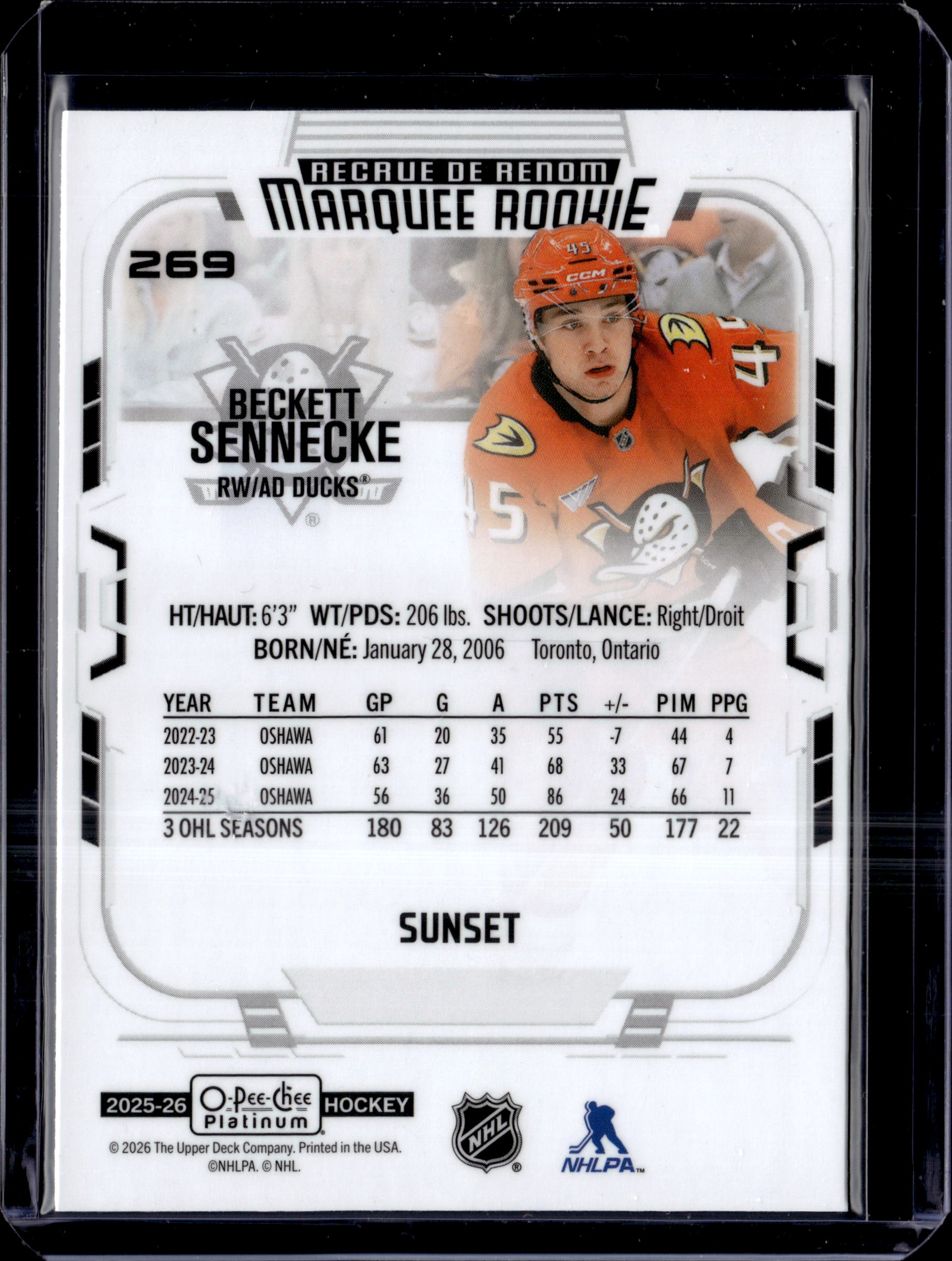 2025-26 O-Pee-Chee Platinum Sunset Marquee Rookie Beckett Sennecke #269