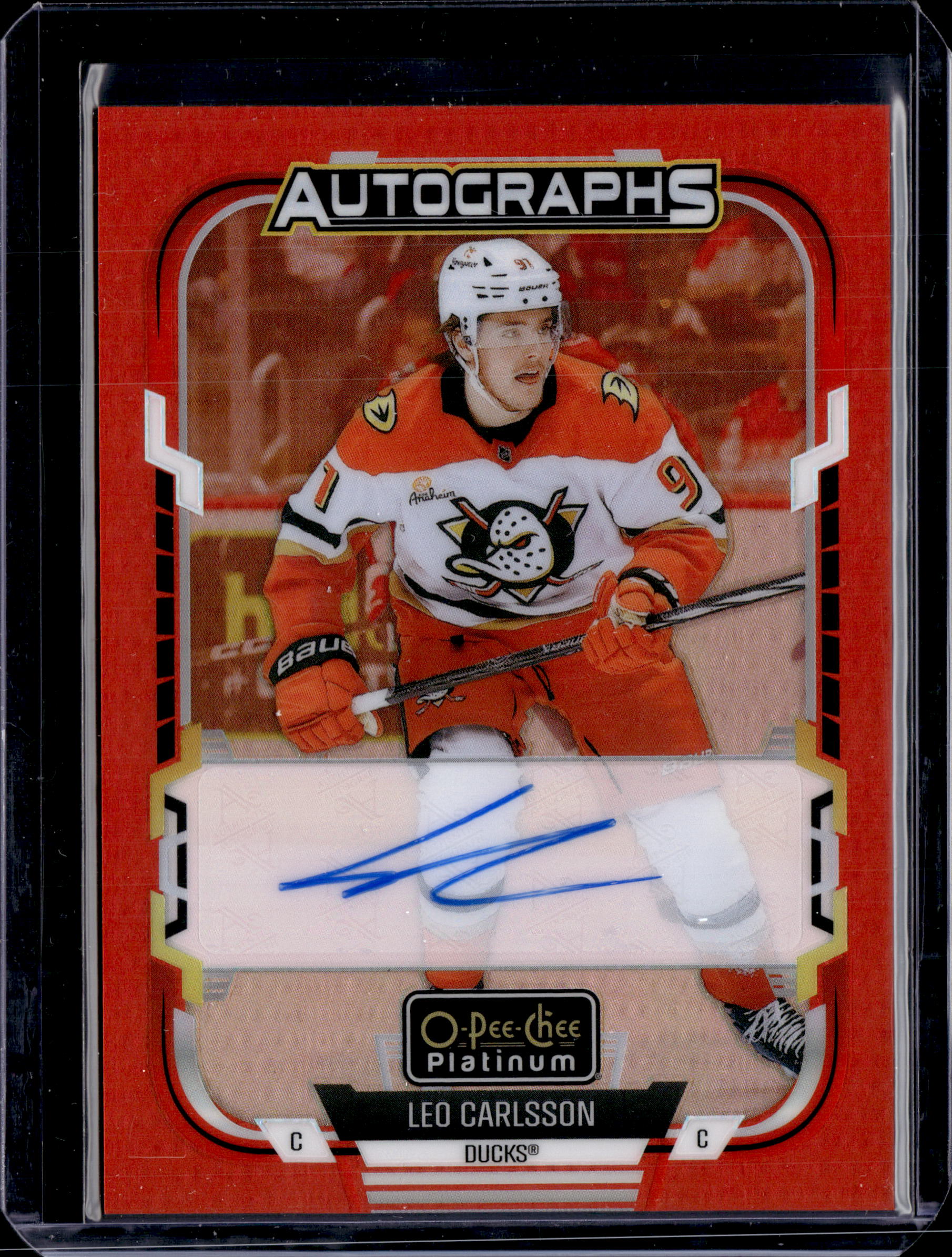 2025-26 O-Pee-Chee Platinum Red Rainbow Autographs Leo Carlsson #RA-LC