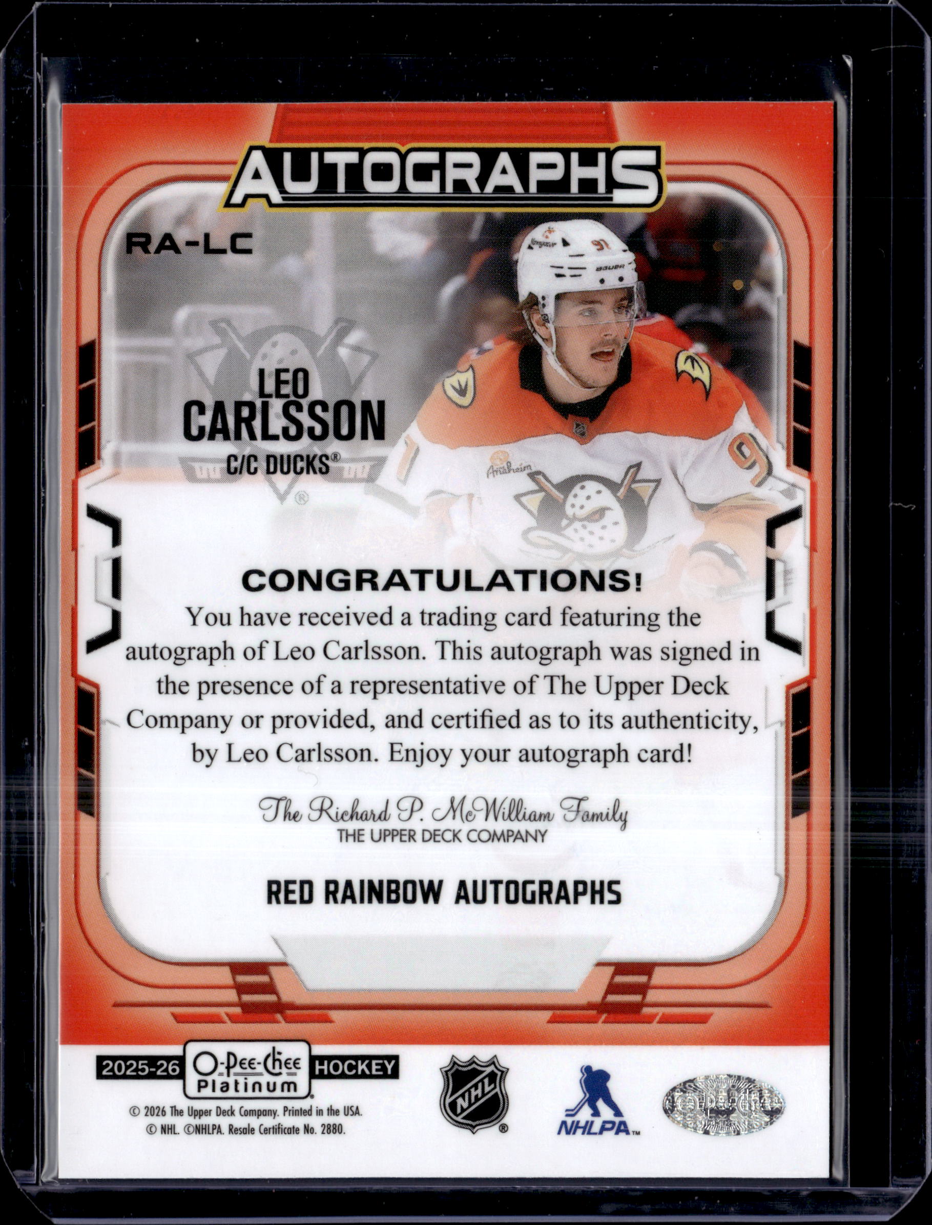 2025-26 O-Pee-Chee Platinum Red Rainbow Autographs Leo Carlsson #RA-LC