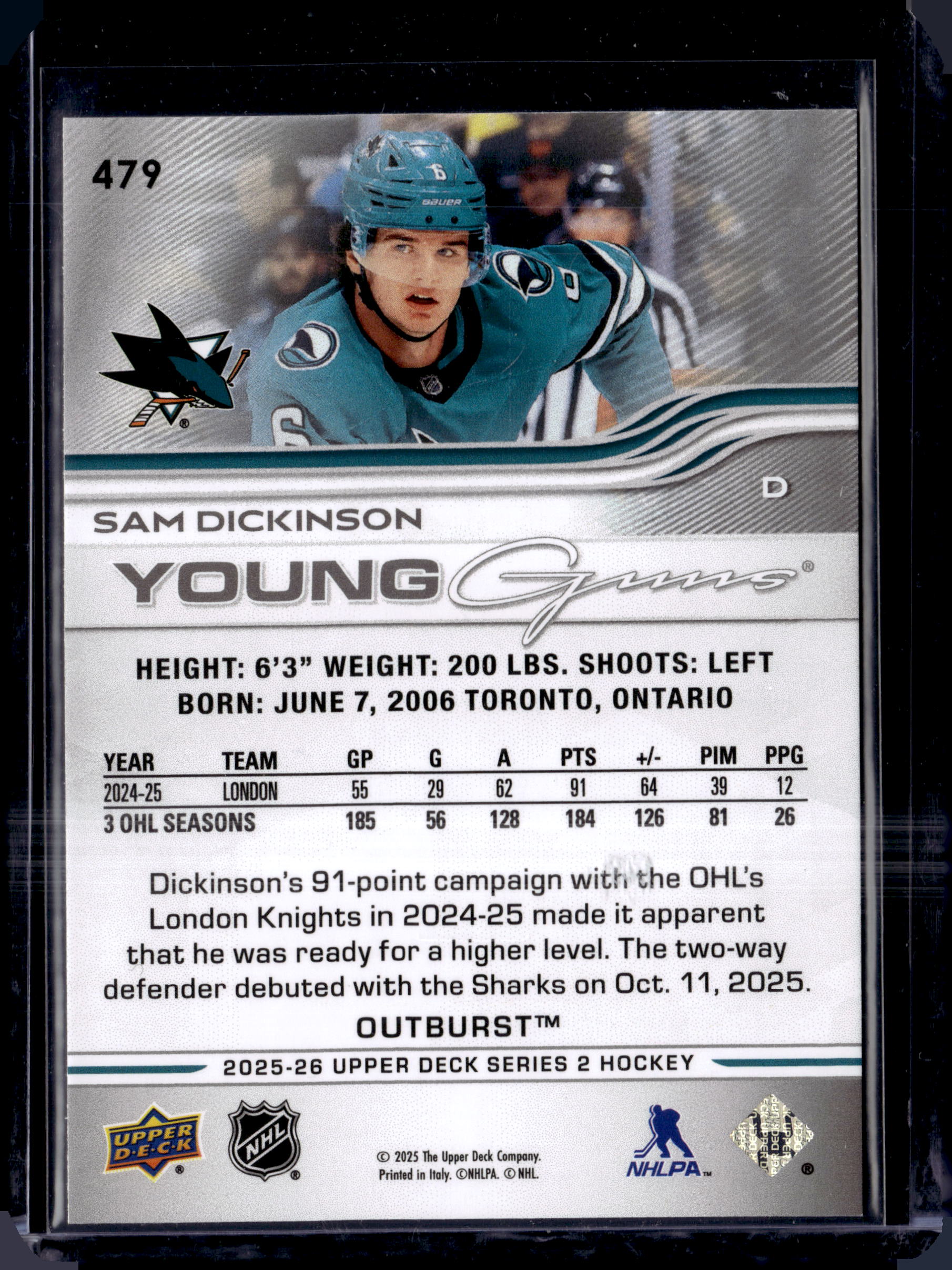 2025-26 Upper Deck Young Guns Outburst Sam Dickinson #479