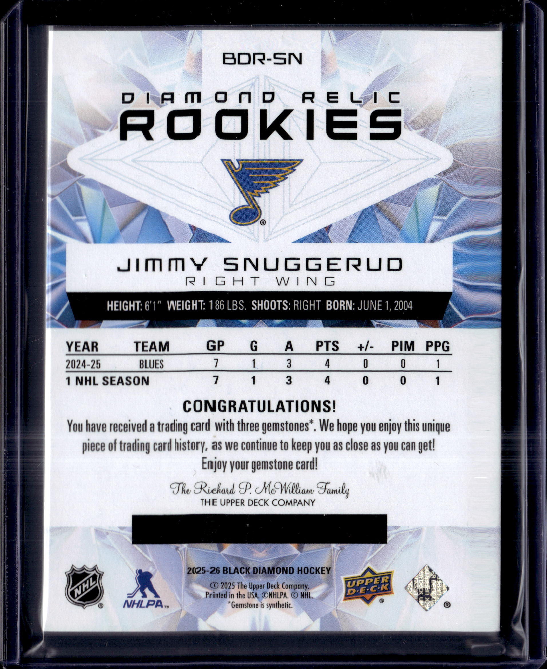 2025-26 Black Diamond Diamond Relic Rookies /99 Jimmy Snuggerud #BDR-SN