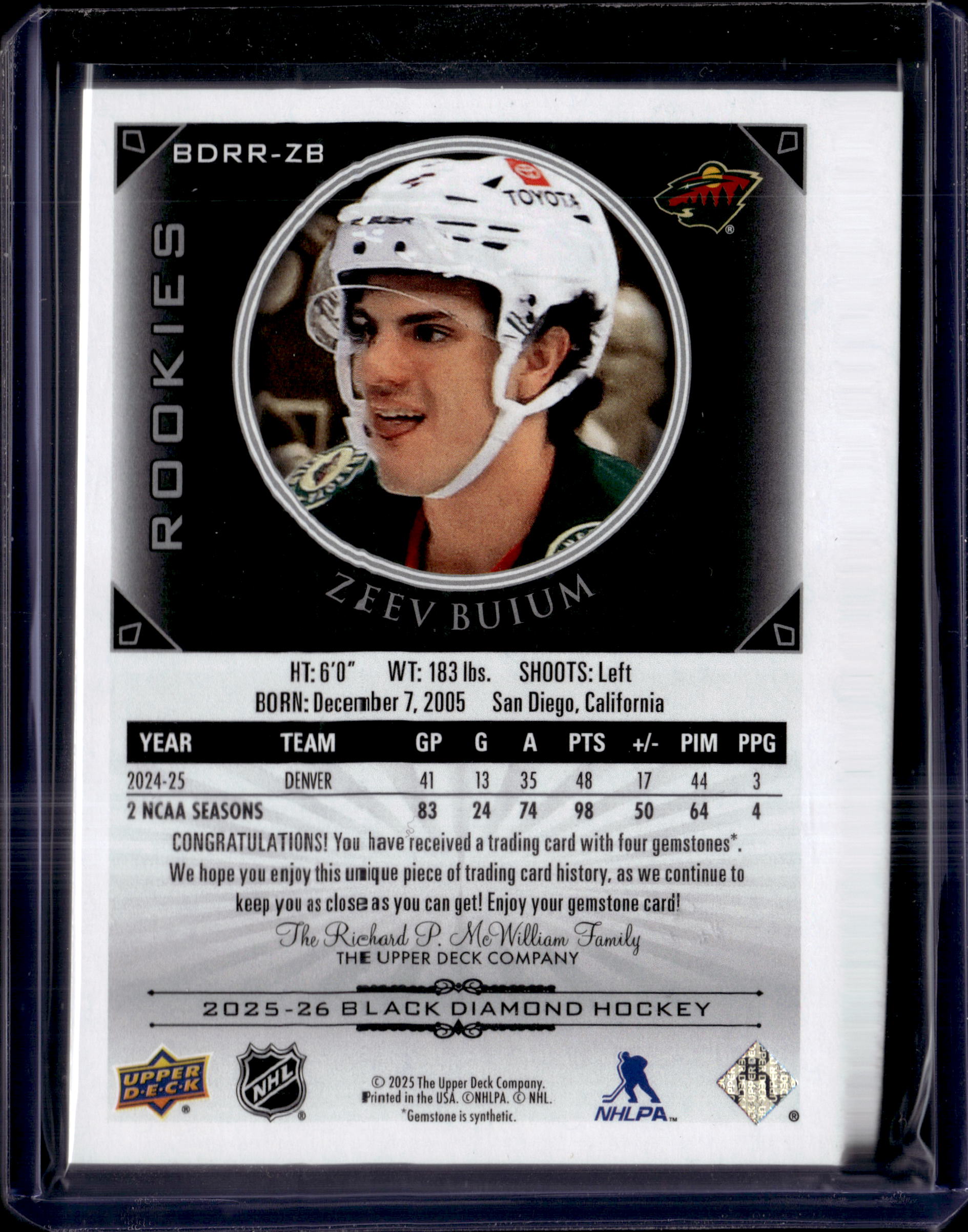 2025-26 Black Diamond  Quad Diamond Relics /49 Zeev Buium #BDRR-ZB
