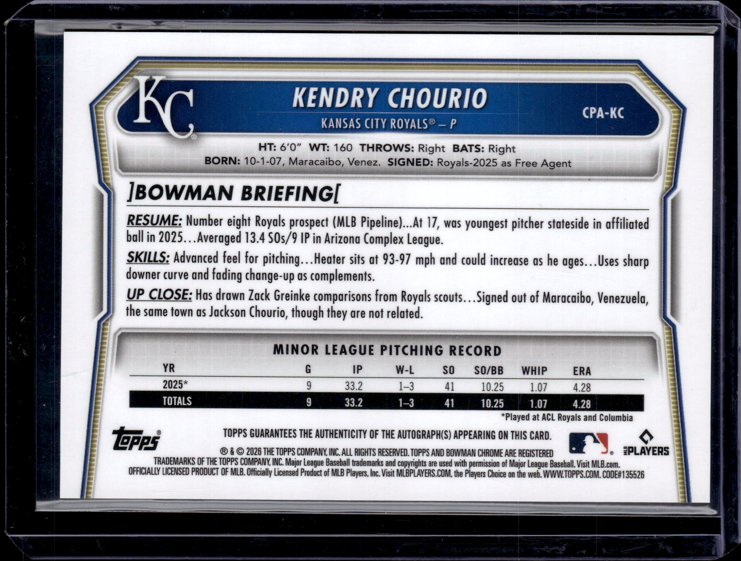 2026 BOWMAN CHROME KENDRY CHOURIO PURPLE 1ST AUTO /250