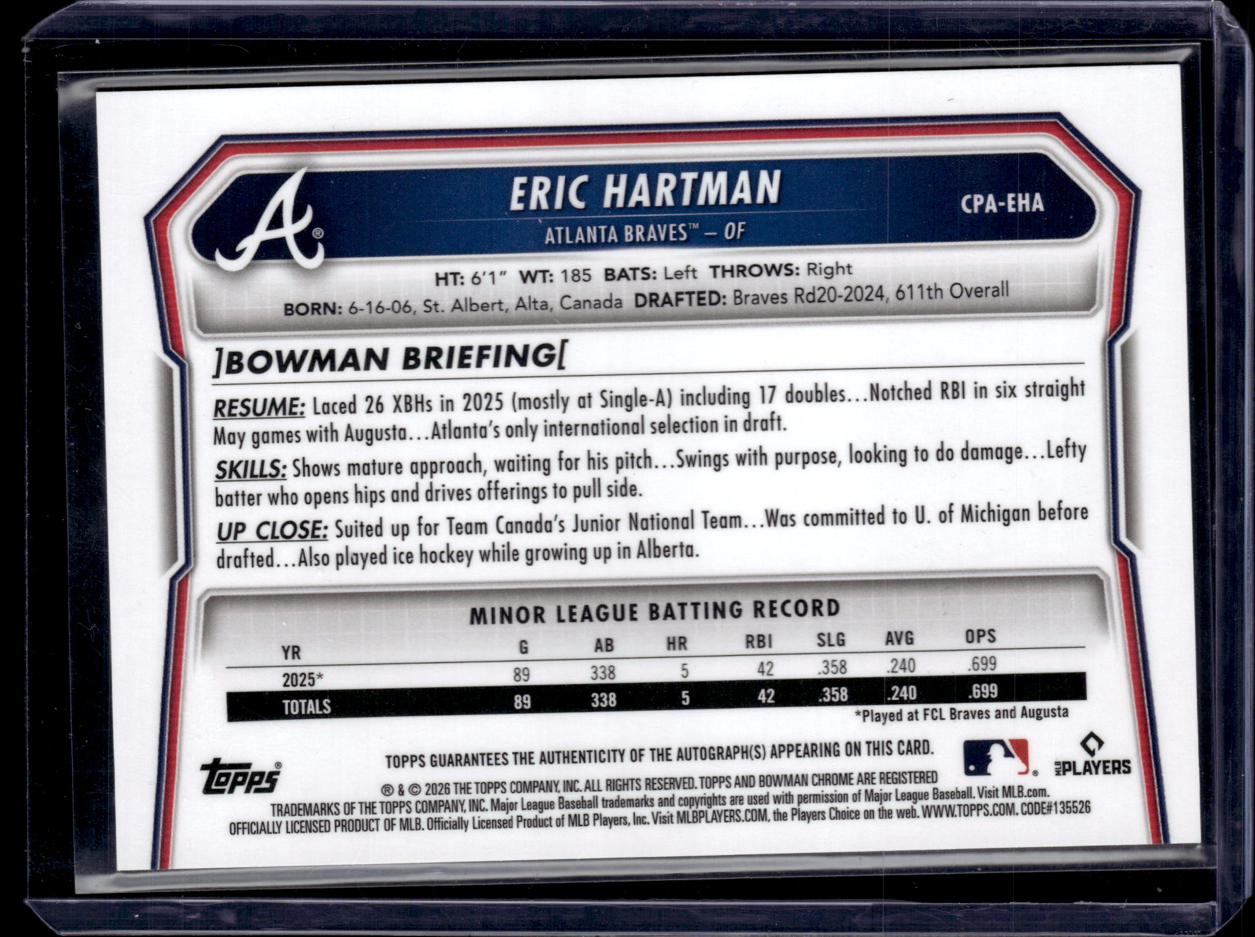2026 Bowman Chrome Eric Hartman 1st Auto Braves