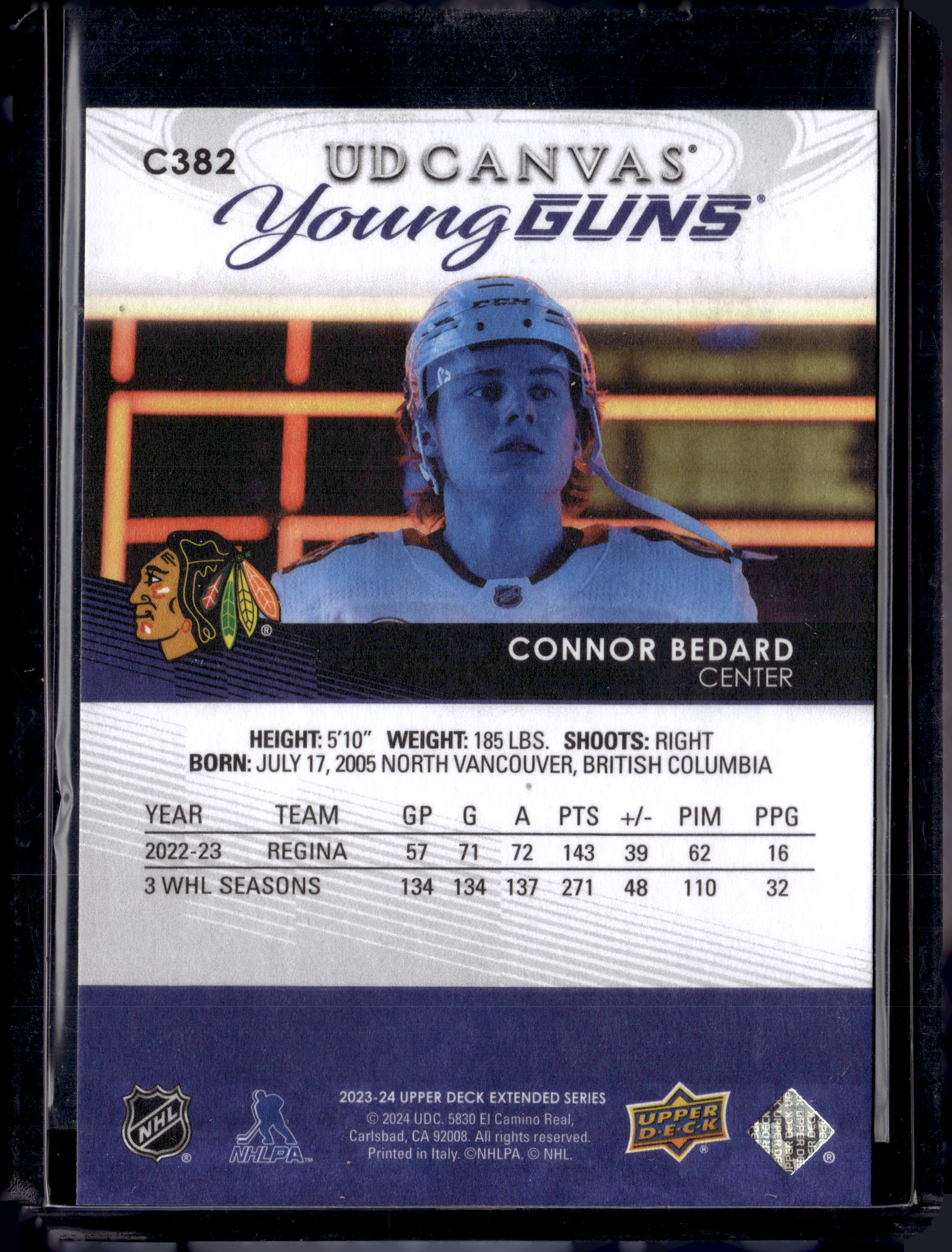 2023-24 UD Extended Series Connor Bedard Canvas Young Guns (c)