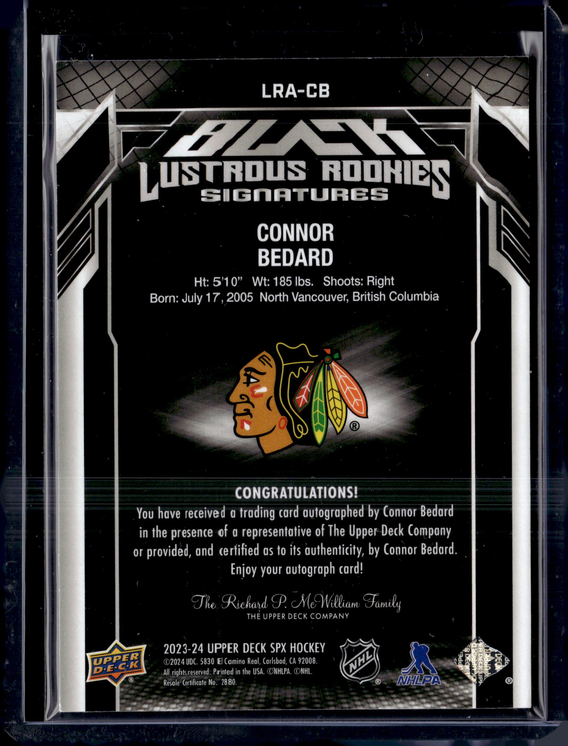 2023 SPX Connor Bedard Black Lustrous Rookie Signatures Gold /25