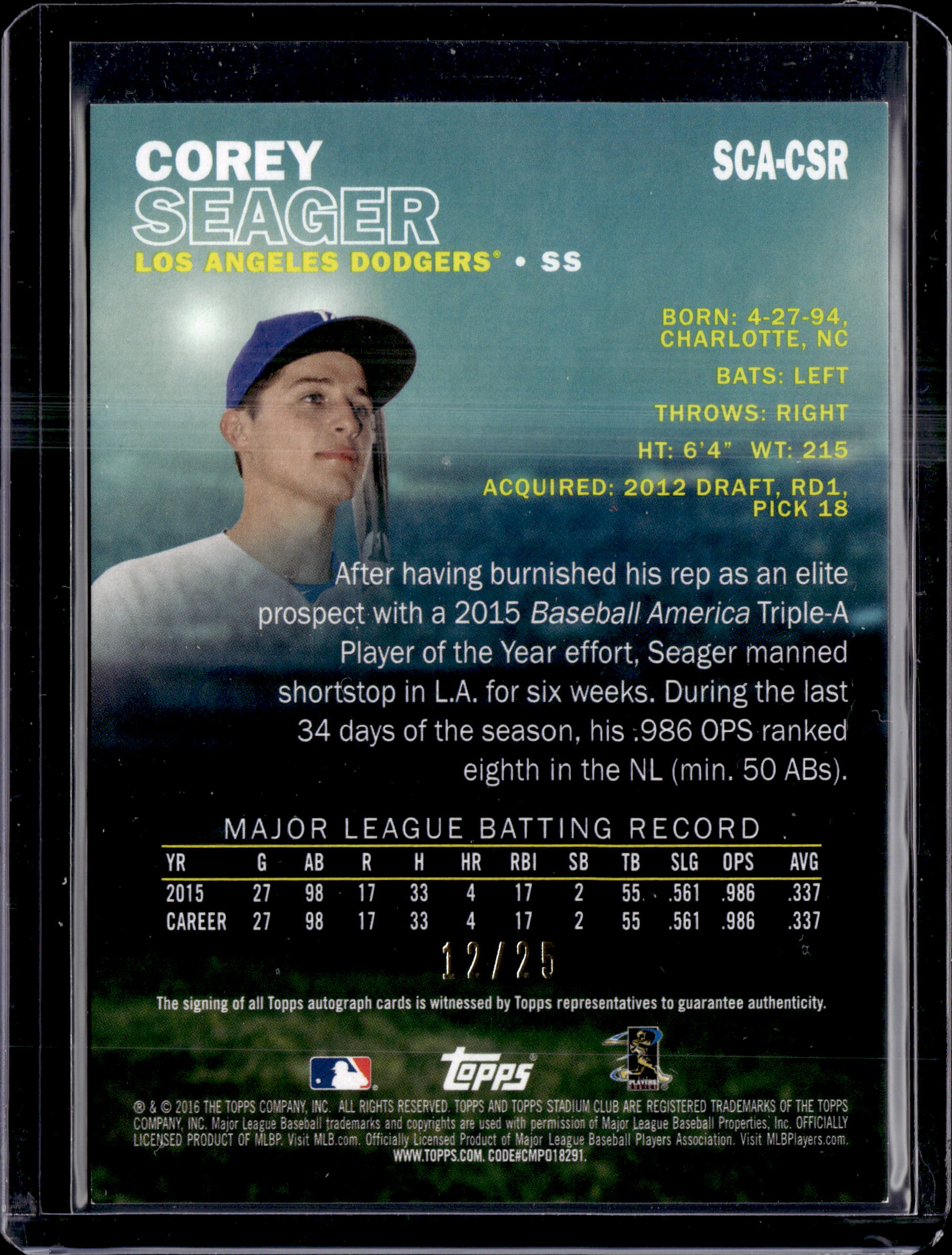 2016 Topps Stadium Club Certified Auto Corey Seager /25