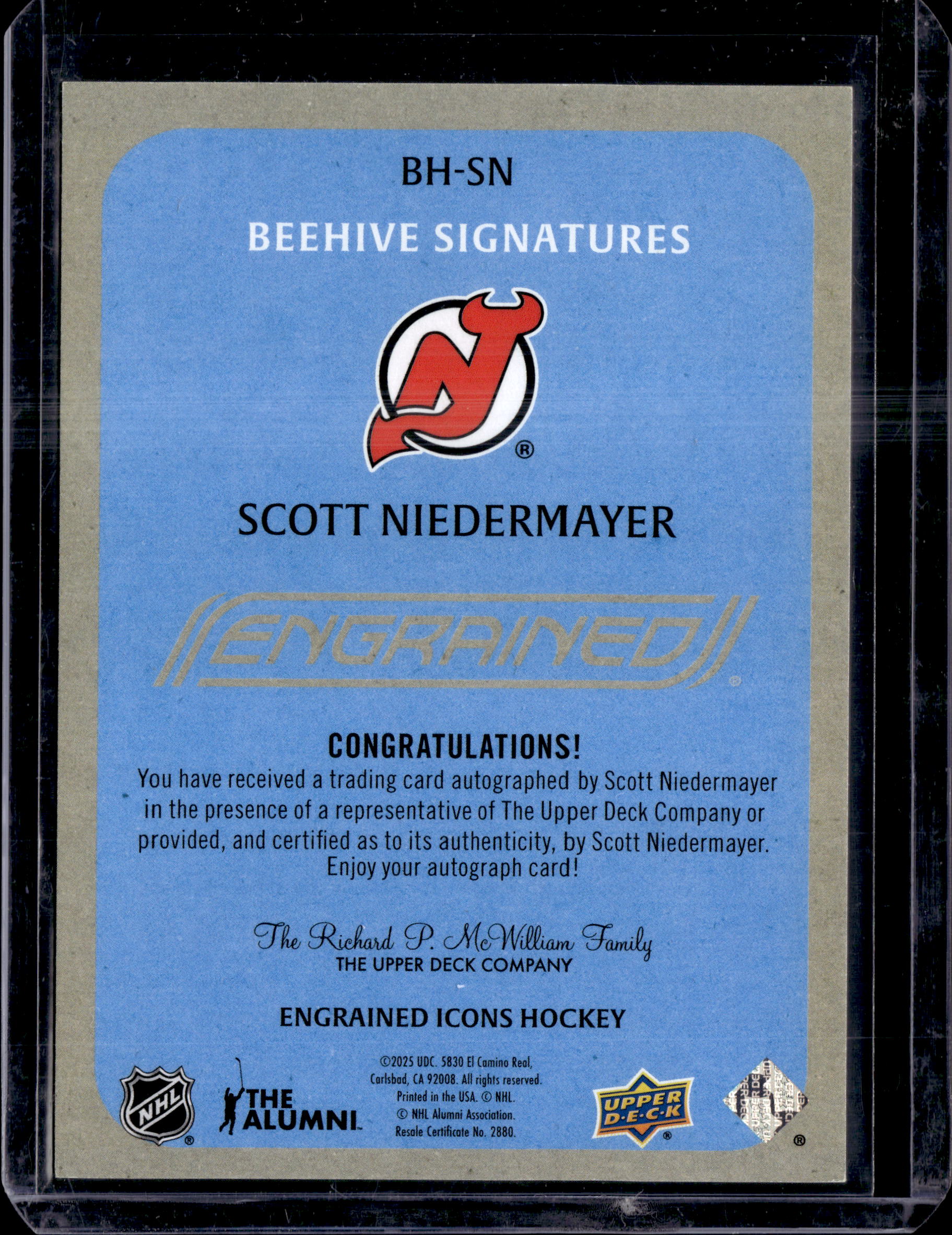 2024-25 Upper Deck Engrained Icons Scott Niedermayer  #BH-SN Beehive Portrait Auto