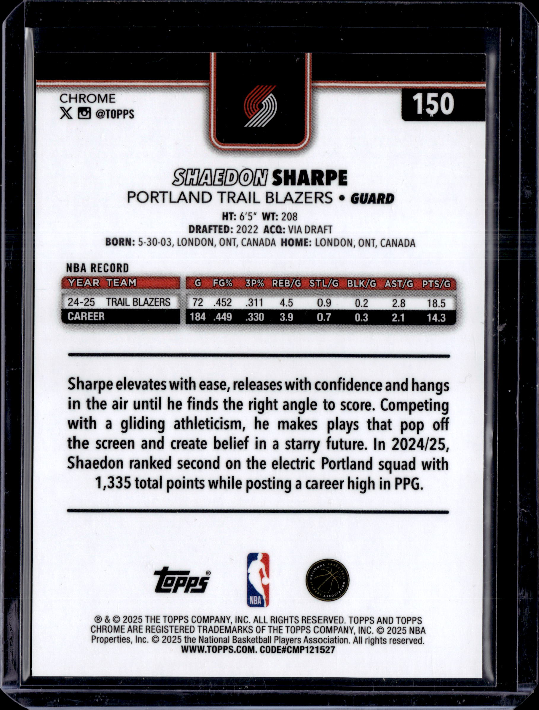 2025-26 Topps Chrome Black Geo Refractor #150 Shaedon Sharpe # /10