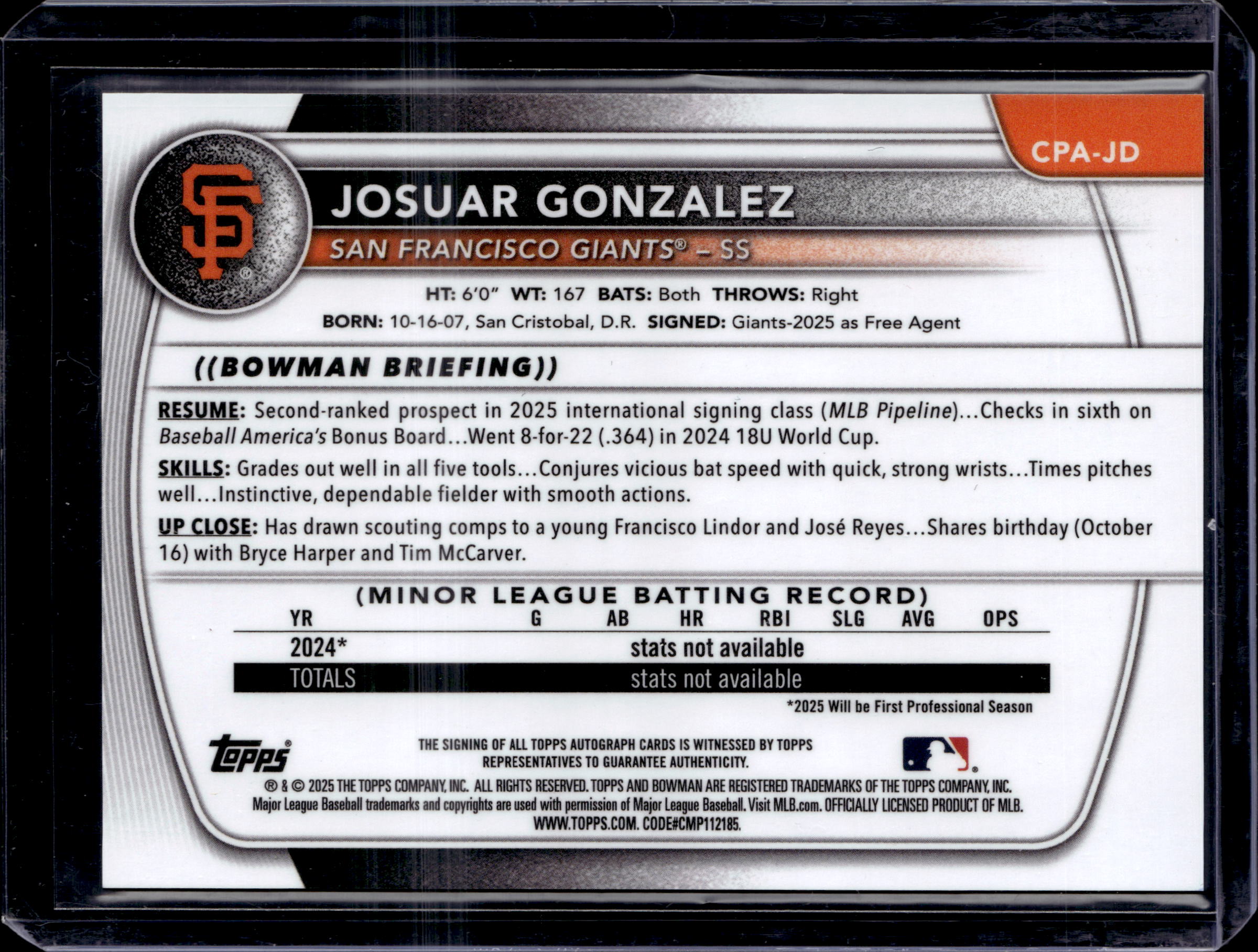2025 Bowman Chrome Josuar Gonzalez Auto Speckle Refractor 1st #/299