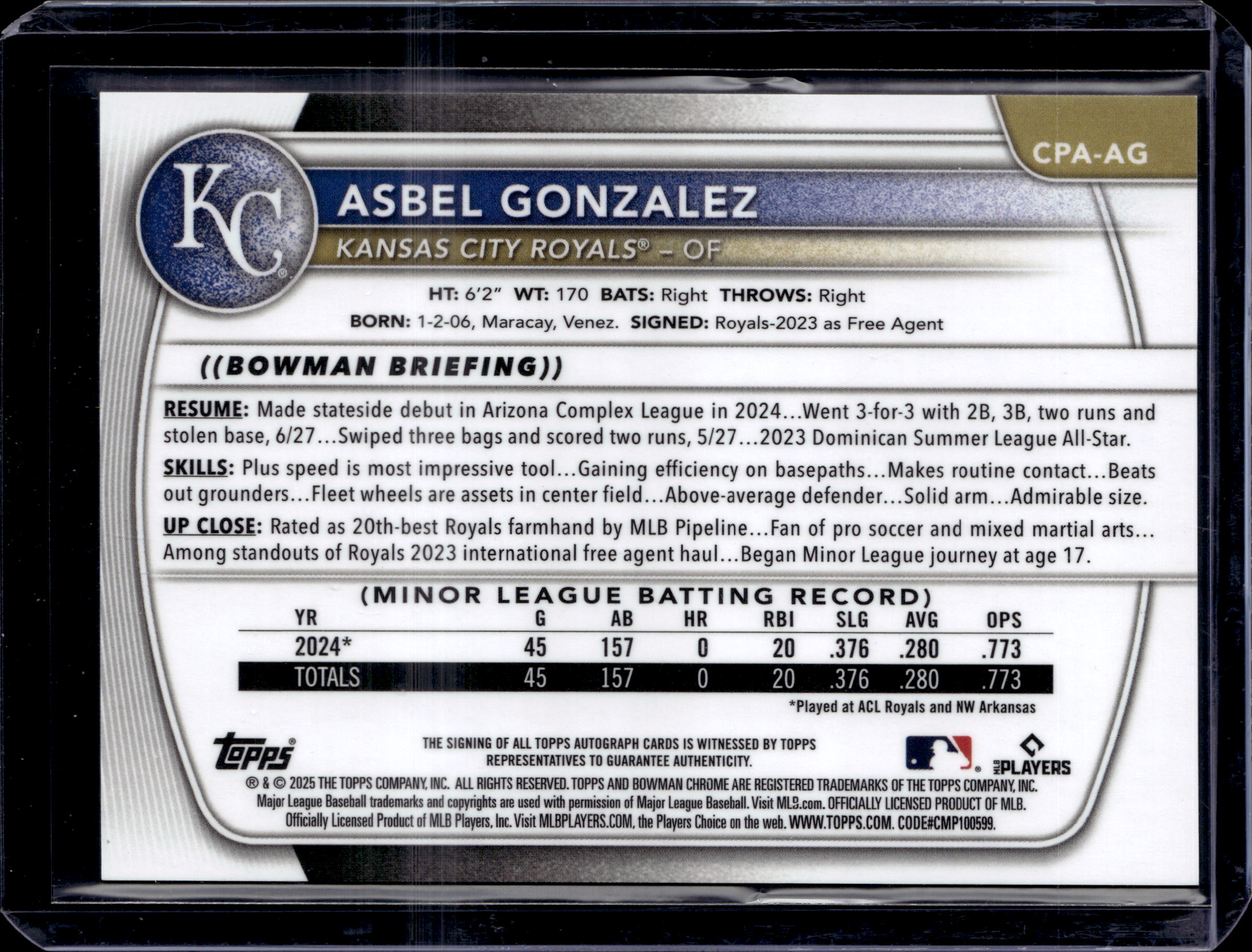 2025 Bowman Chrome Prospect Asbel Gonzalez 1st Bowman True Gold Auto /50