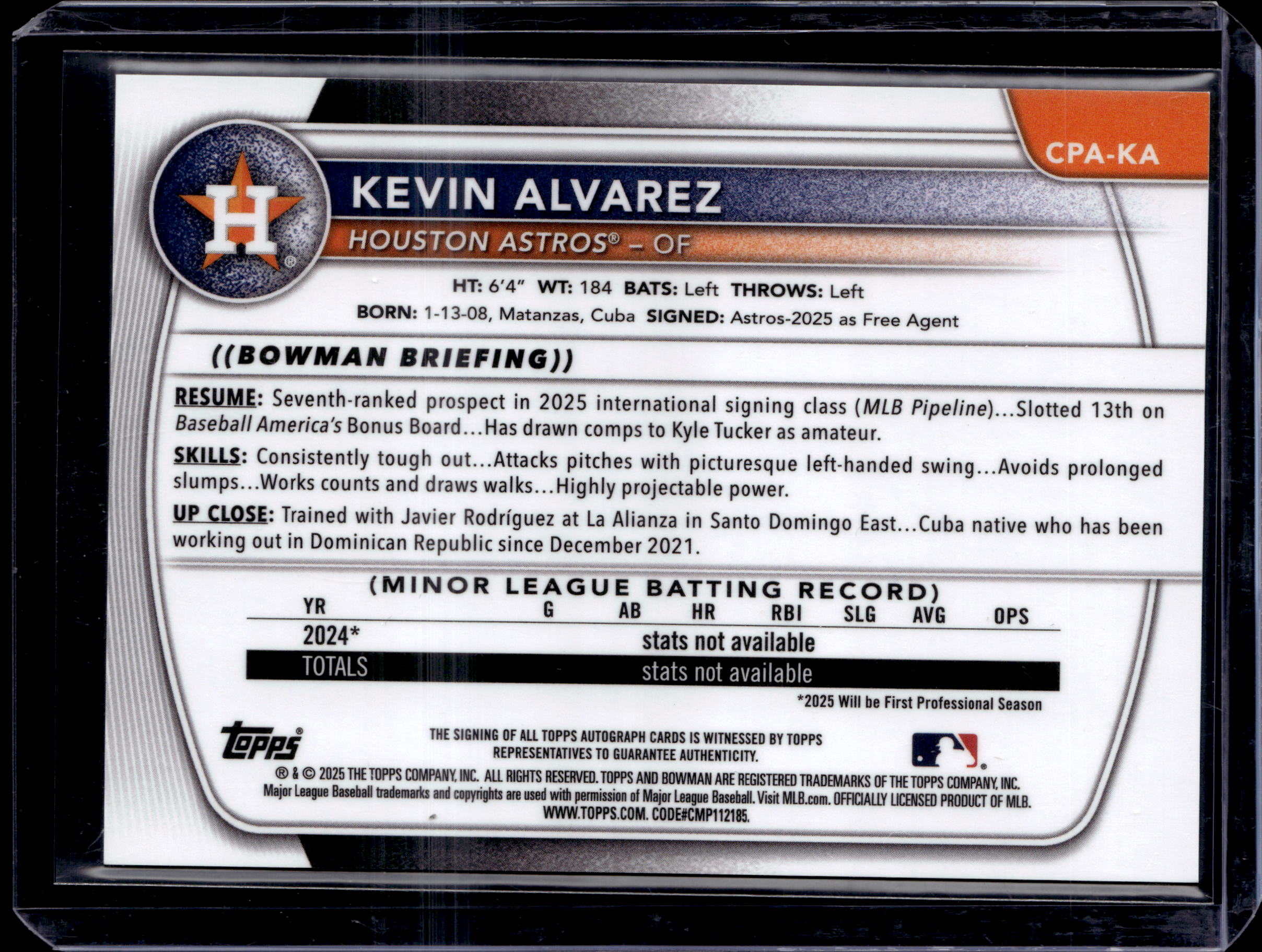 2025 Bowman Chrome Kevin Alvarez Auto Blue Refractor 1st Prospect #/150