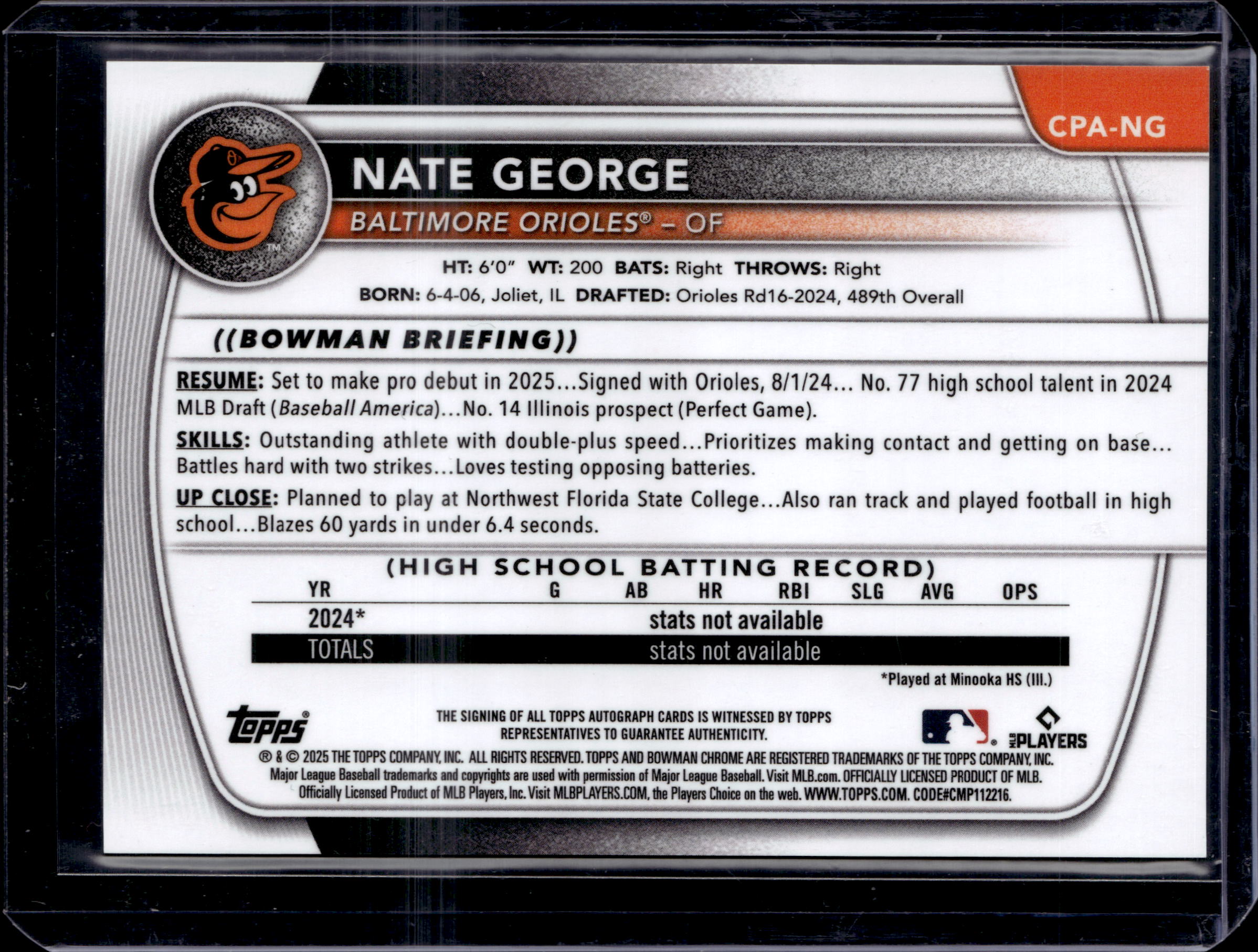 2025 Bowman Chrome Nate George Auto Purple Refractor 1st Prospect #/250