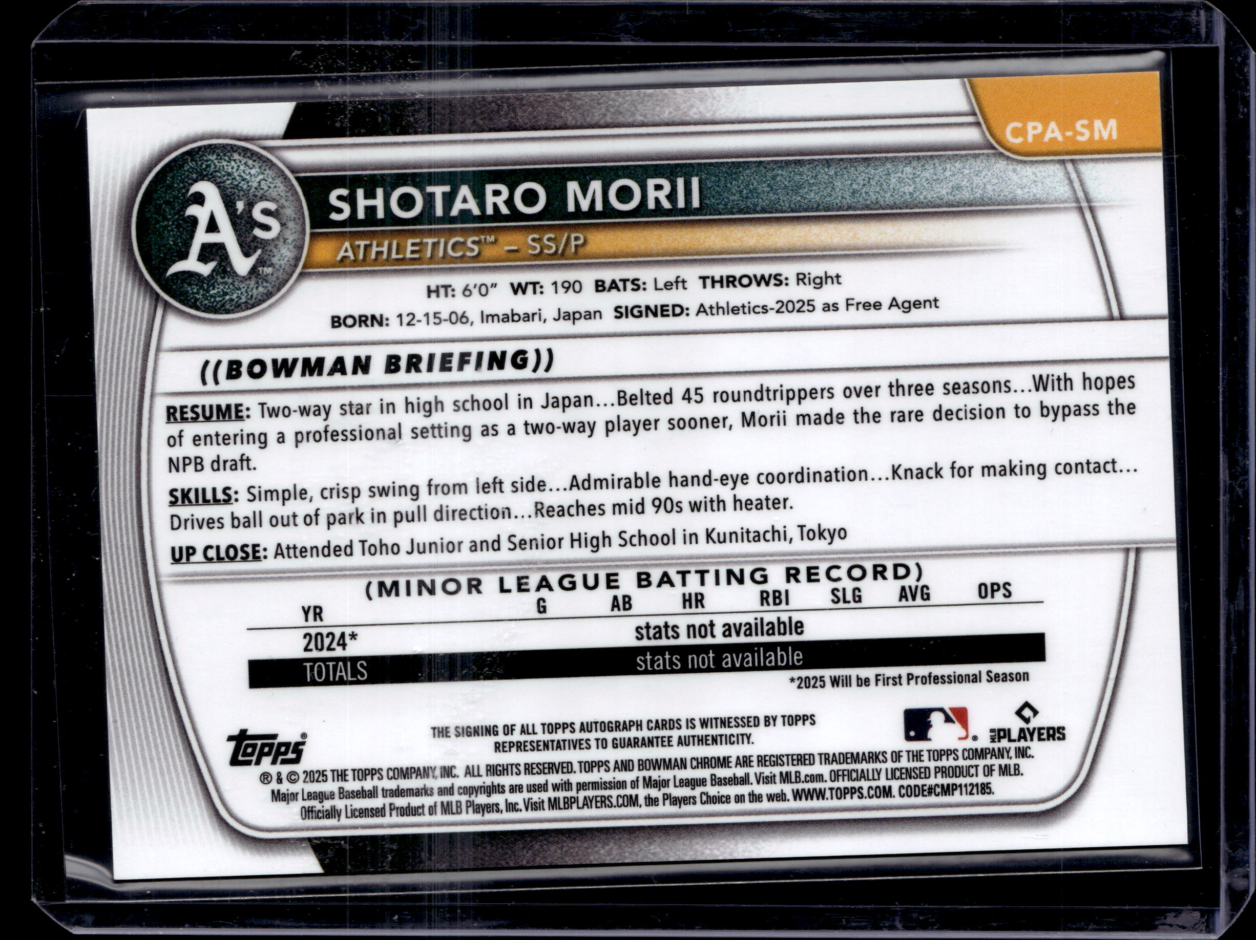 2025 Bowman Chrome Shotaro Morii Auto Autograph 1st Prospect