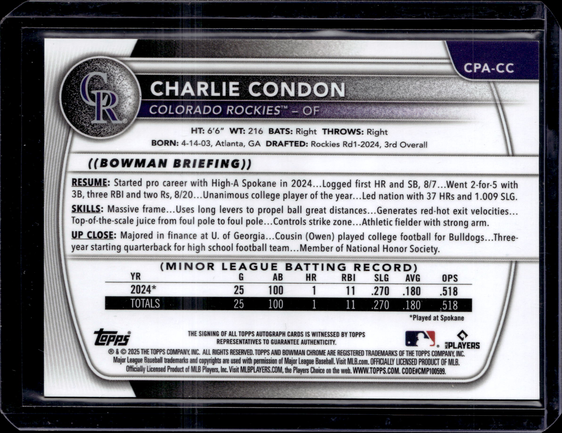 2025 Bowman Chrome  Charlie Condon 1st Bowman Autograph