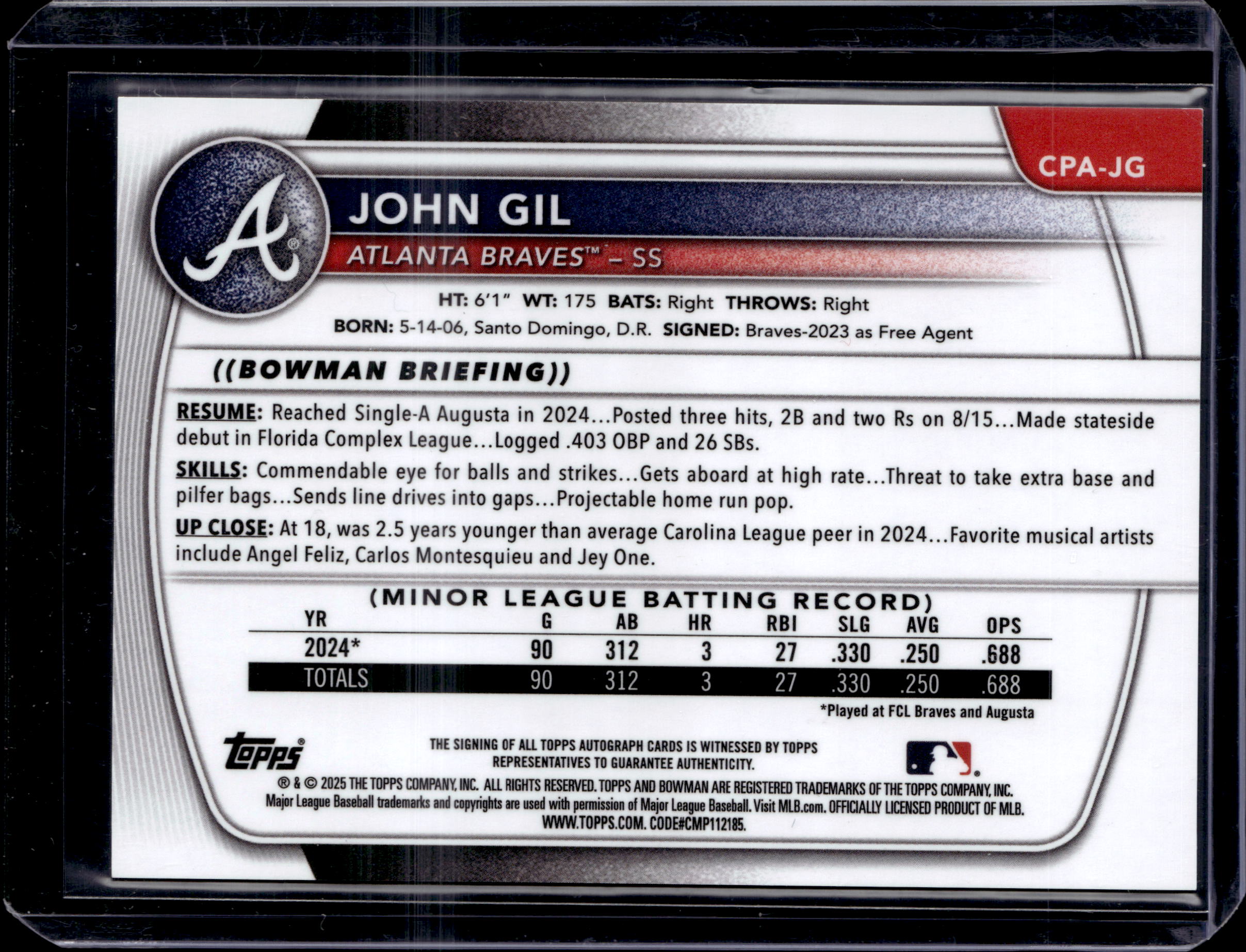 2025 Bowman Chrome John Gil Auto HTA Choice Refractor 1st Prospect #/150