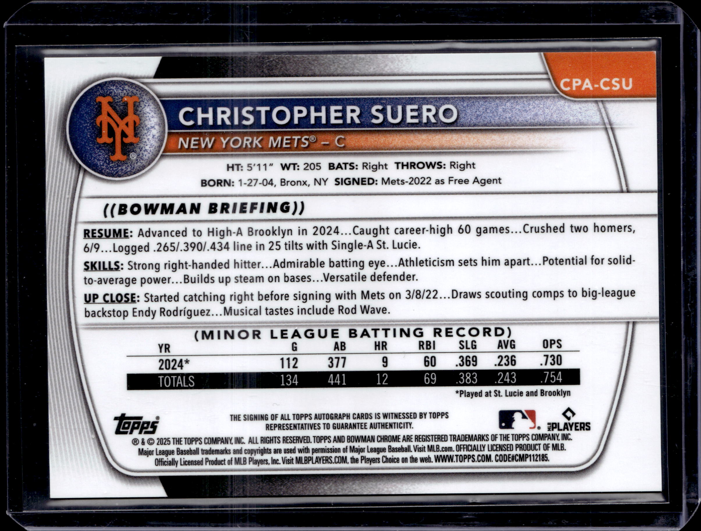 2025 Bowman Chrome Christopher Suero 1st Bowman Blue Raywave Refractor Auto #/150