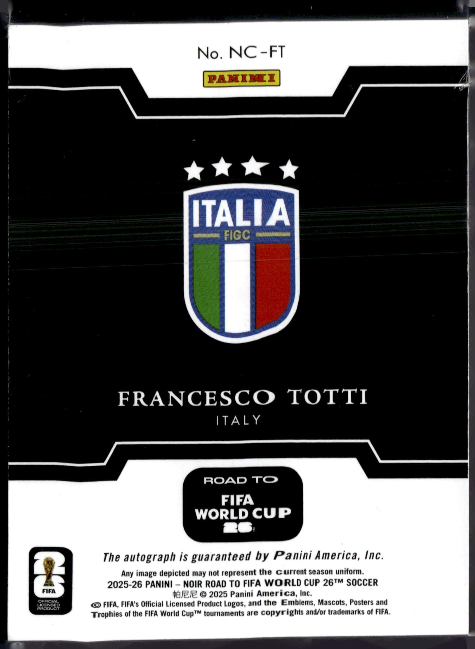 2025-26 Panini Noir Road To World Cup /10 Auto Francesco Totti /10