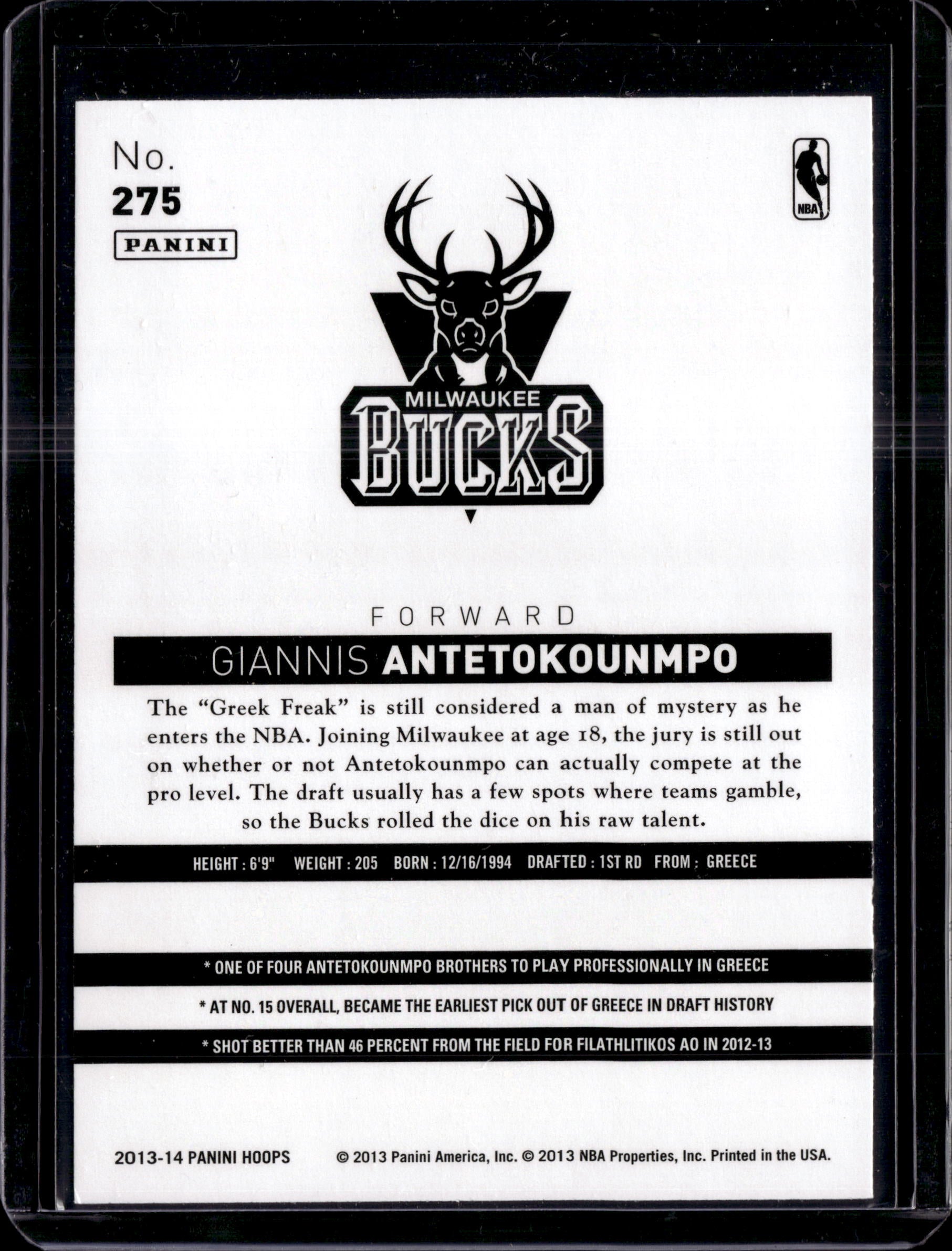 2013-14 Panini Hoops Rookie #275 Giannis Antetokounmpo