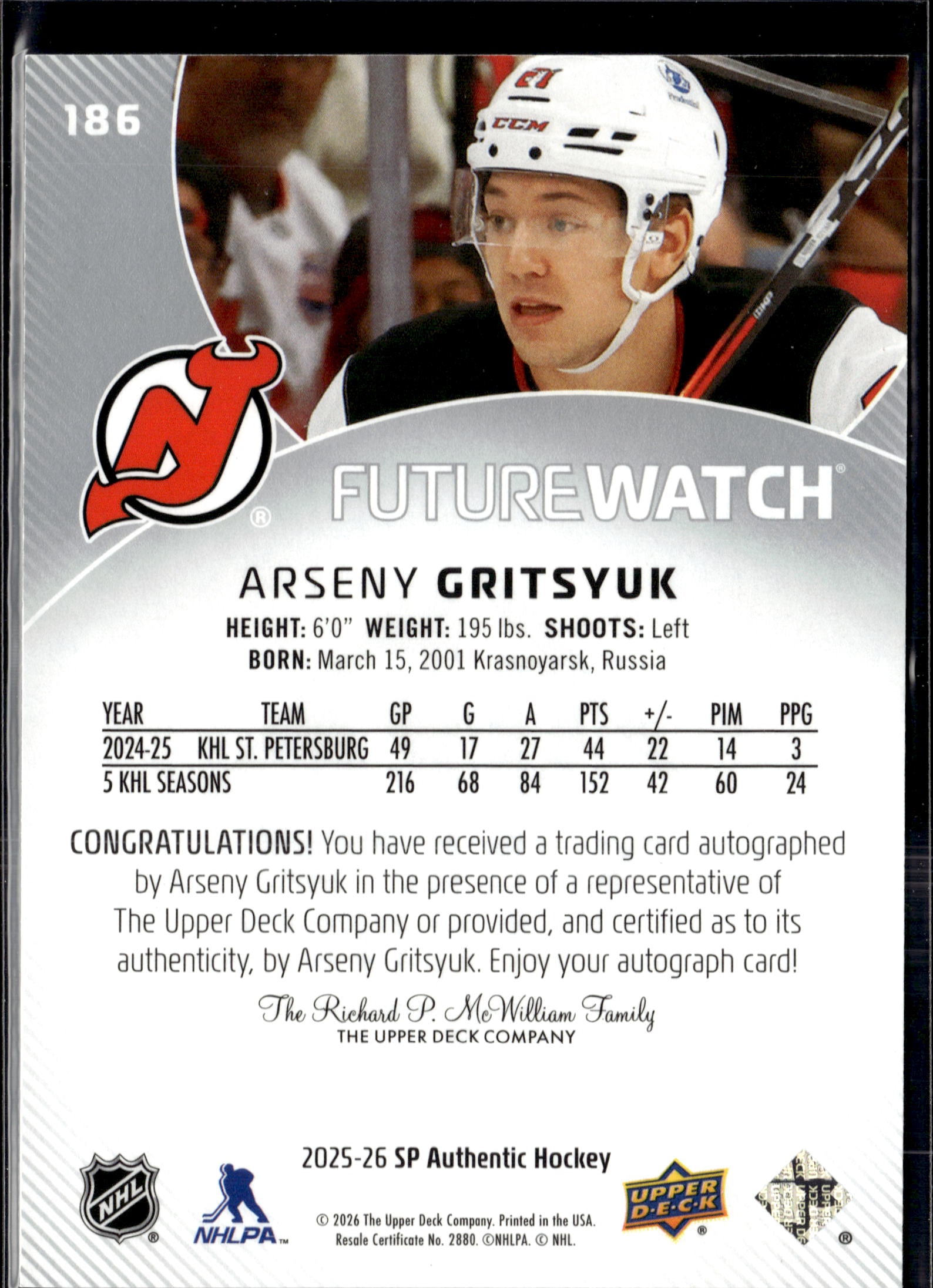 2025-26 SP Authentic Future Watch Auto Arseny Gritsyuk /999
