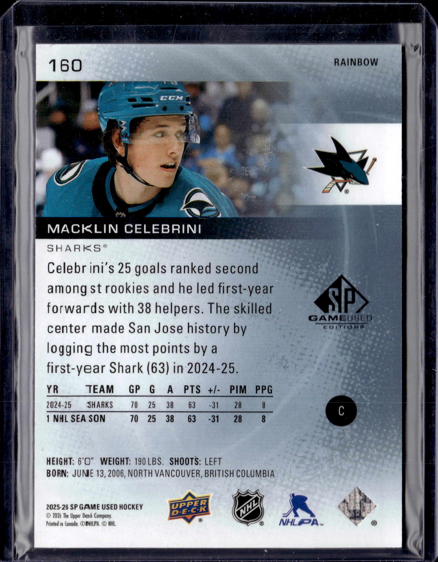 2025-26 SP Game Used Rainbow Macklin Celebrini /71