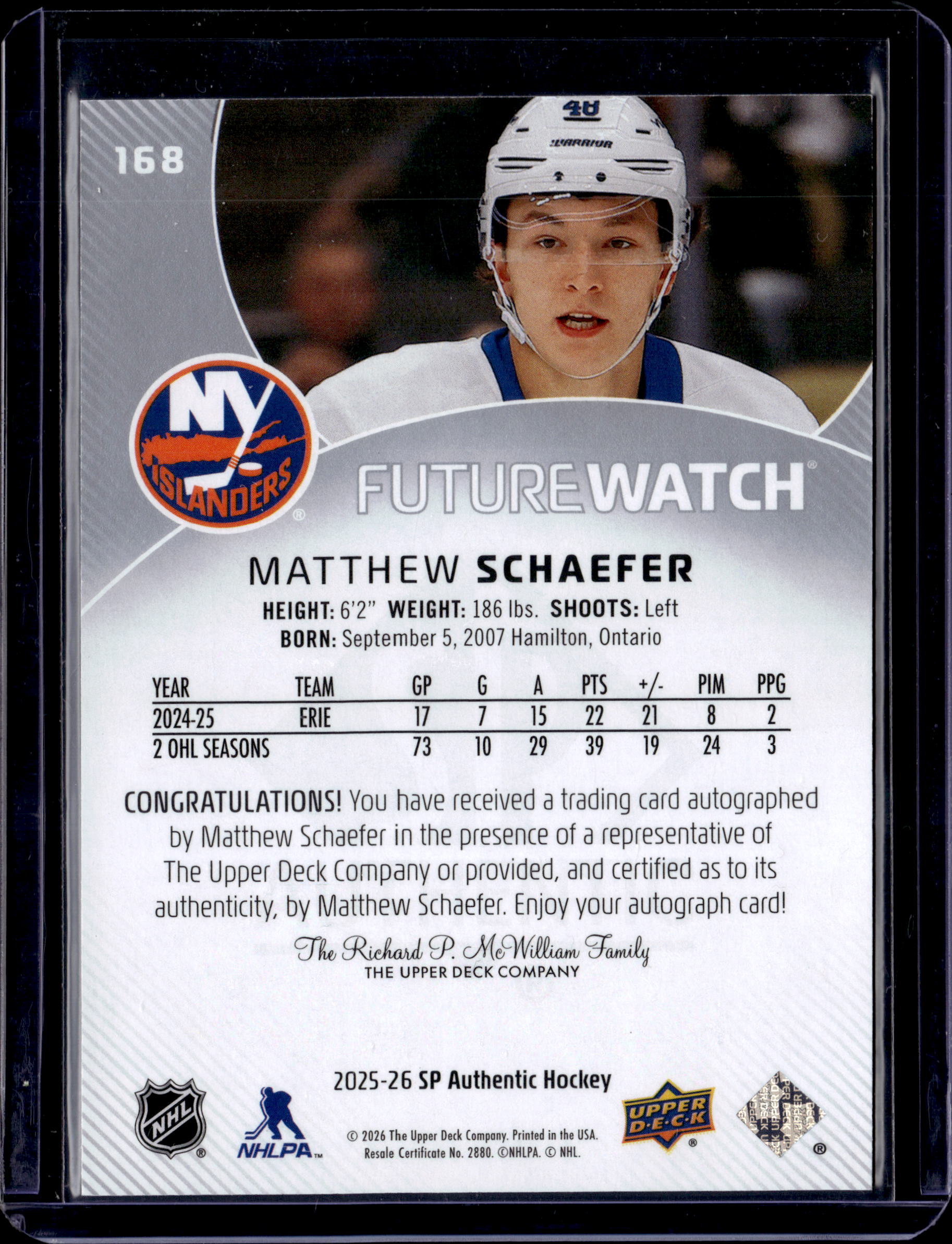 2025*26 SP Authentic Future Watch Auto Matthew Schaefer /999