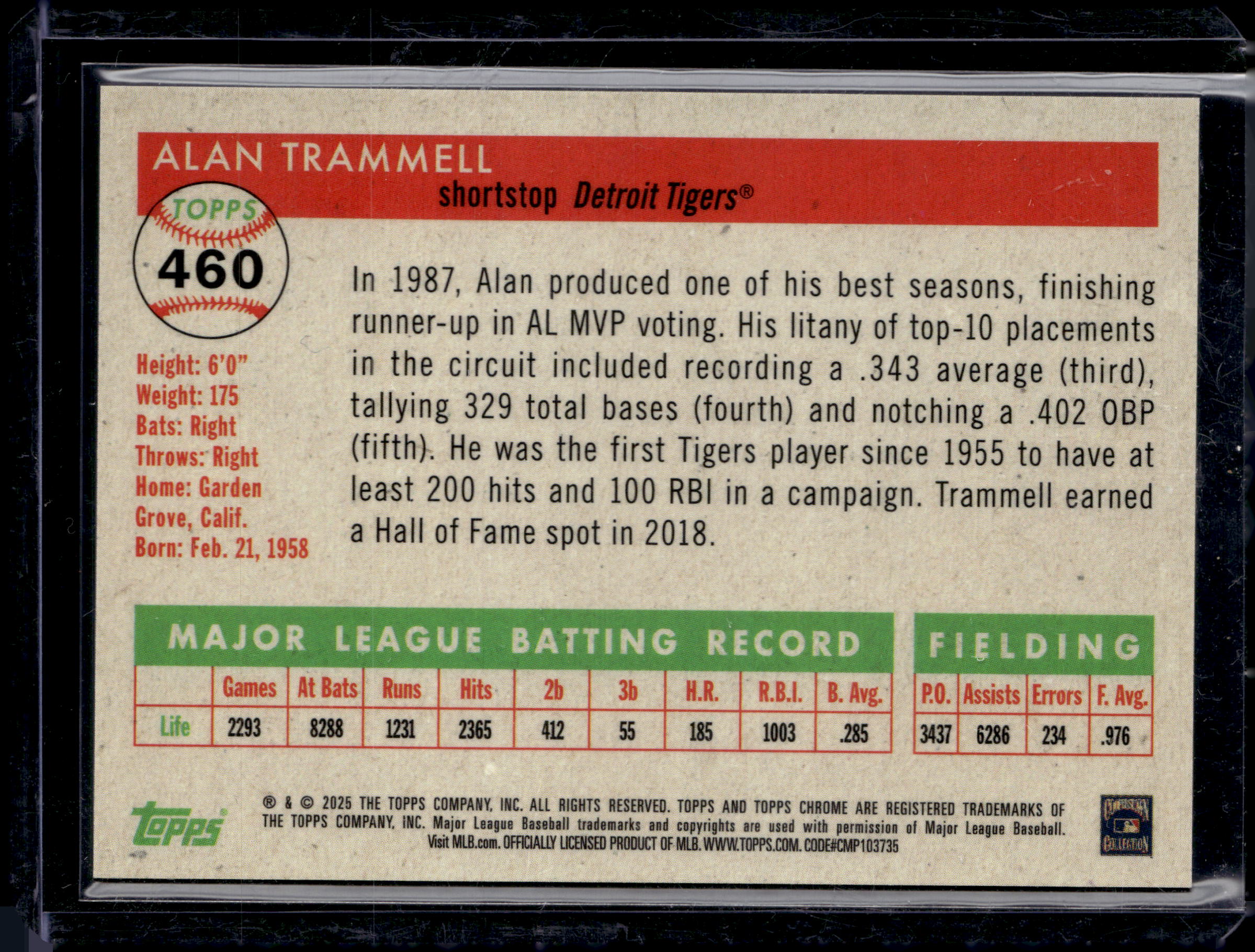 2025 Topps Chrome Platinum Alan Trammell Orange Refractor /25