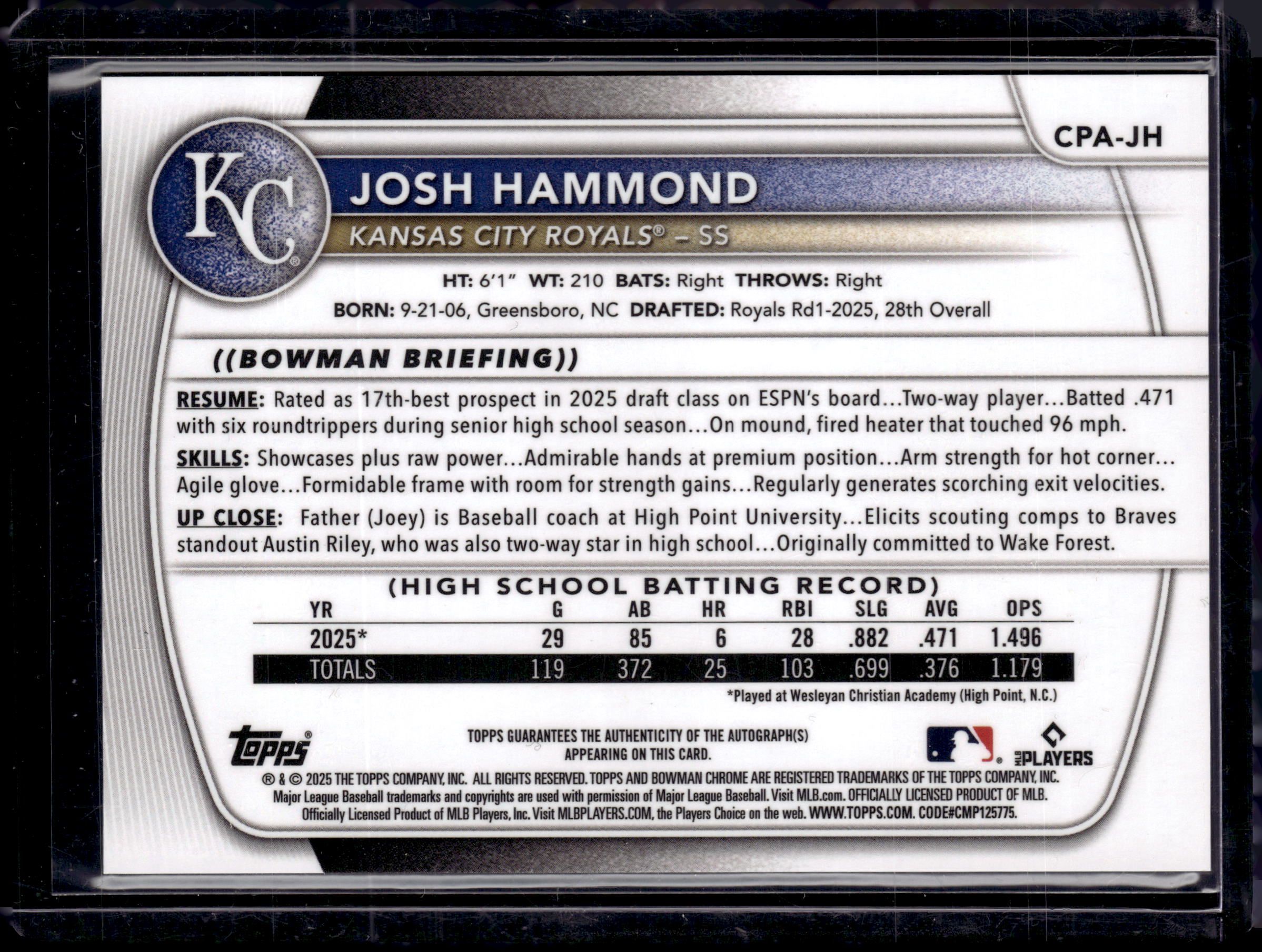 2025 Bowman Draft Chrome 1st Josh Hammond Prospect Auto