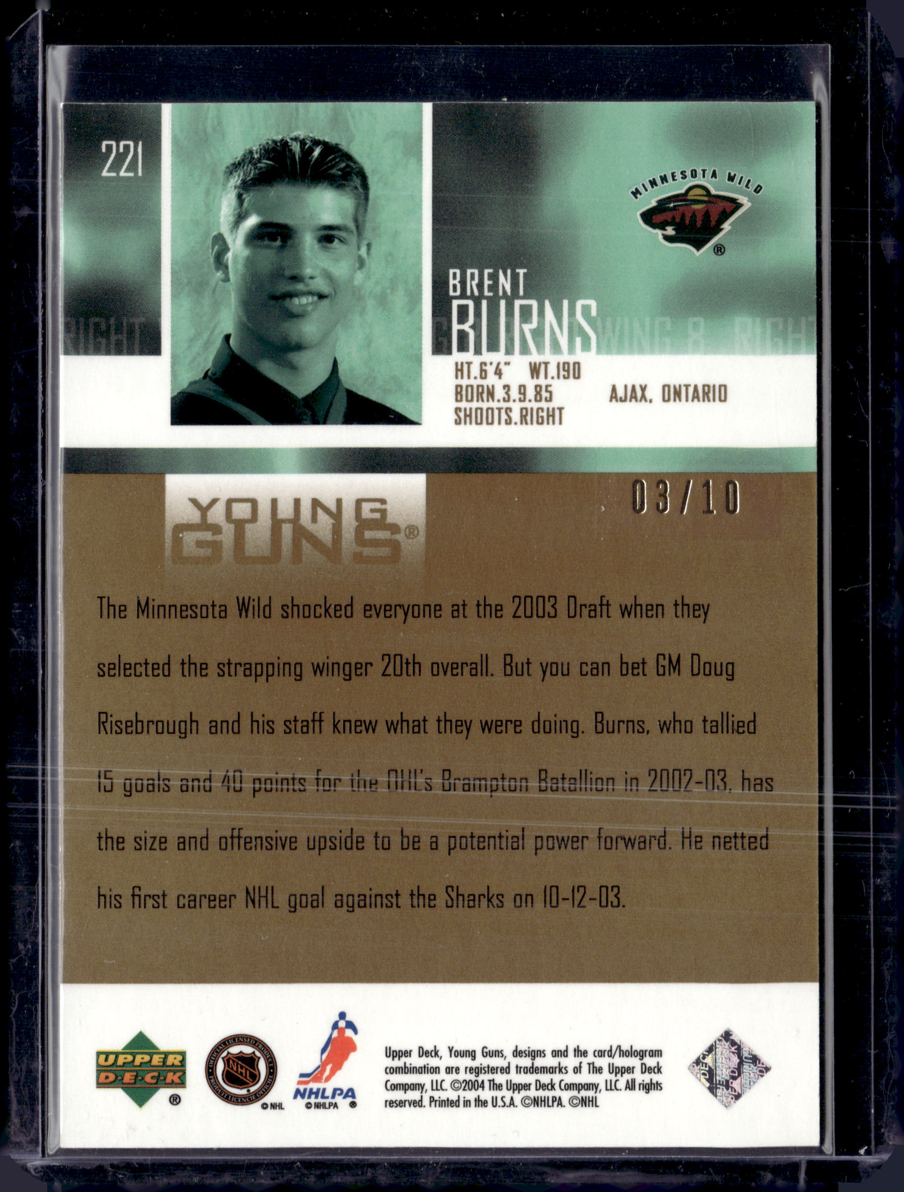 2003 Upper Deck Young Guns High Gloss Brent Burns /10