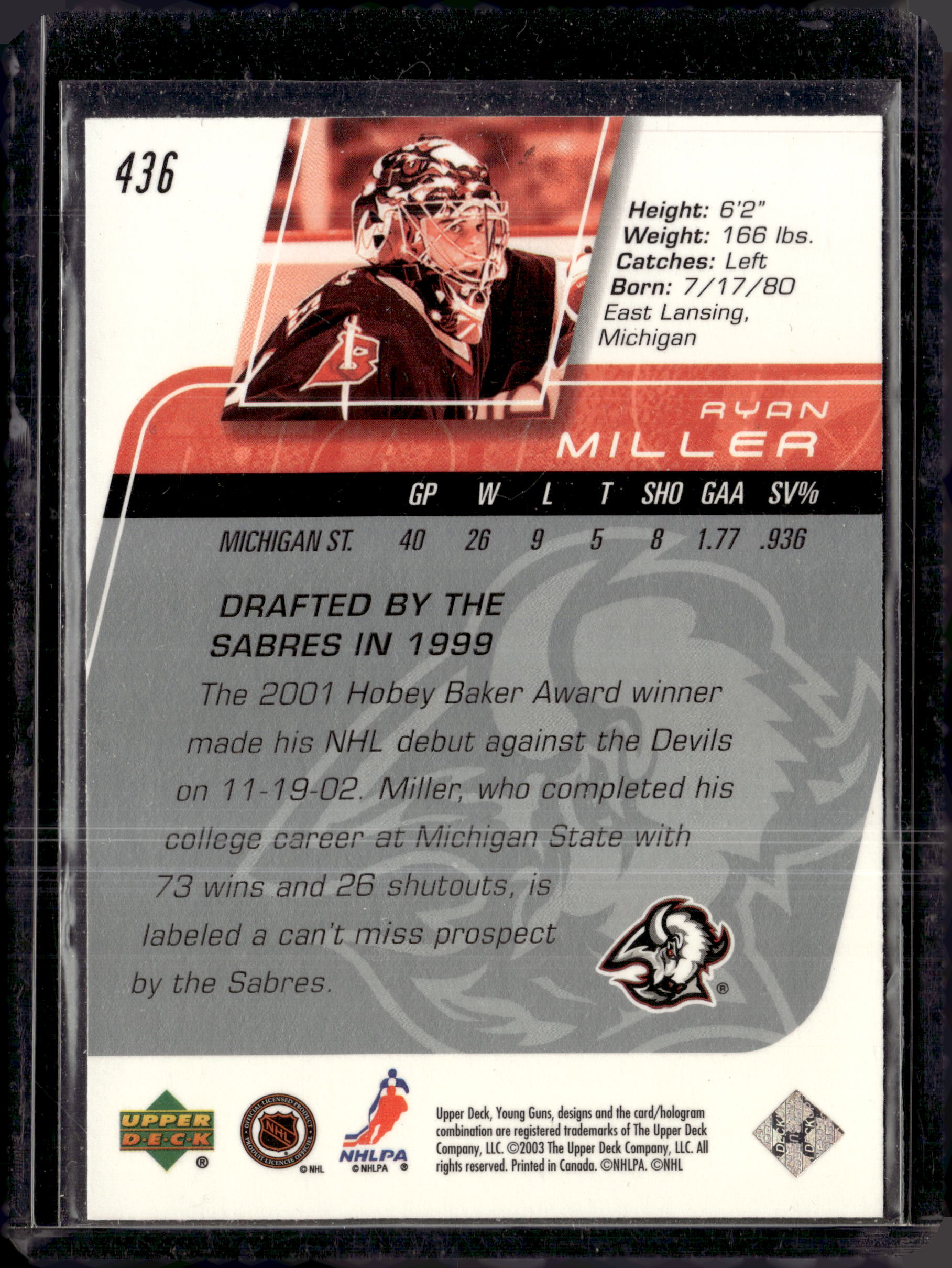 2003 Upper Deck Young Guns Ryan Miller (A)