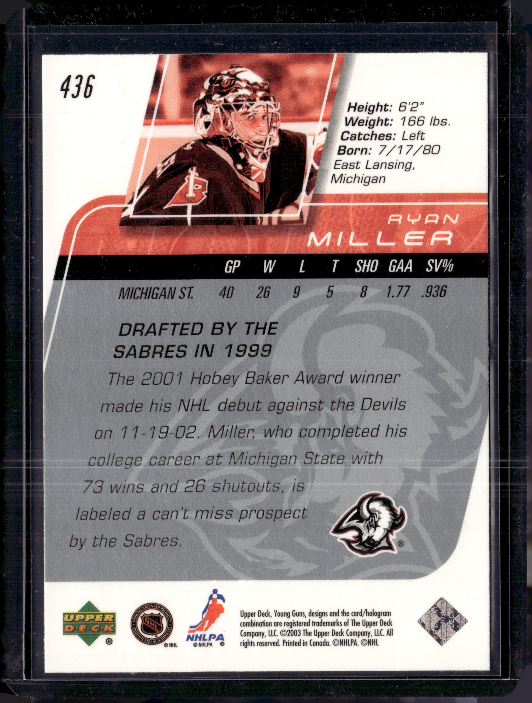 2003 Upper Deck Young Guns Ryan Miller (B)